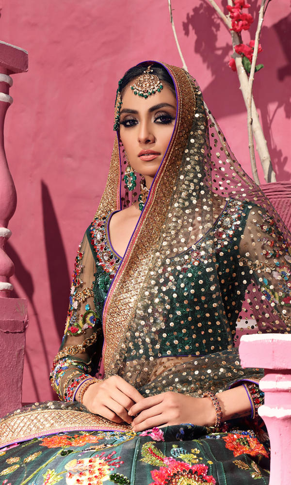 Pakistani Bottle Green Embroidered Tulle Net Lehenga Choli (3-Piece) - Image 6