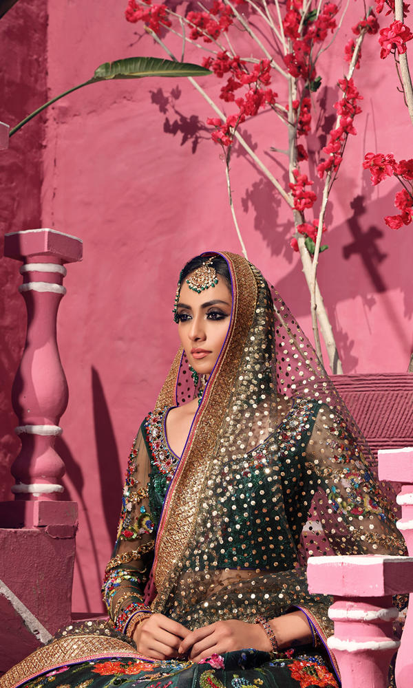 Pakistani Bottle Green Embroidered Tulle Net Lehenga Choli (3-Piece) - Image 7