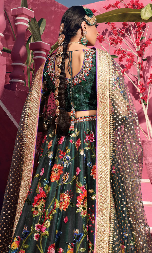 Pakistani Bottle Green Embroidered Tulle Net Lehenga Choli (3-Piece) - Image 8