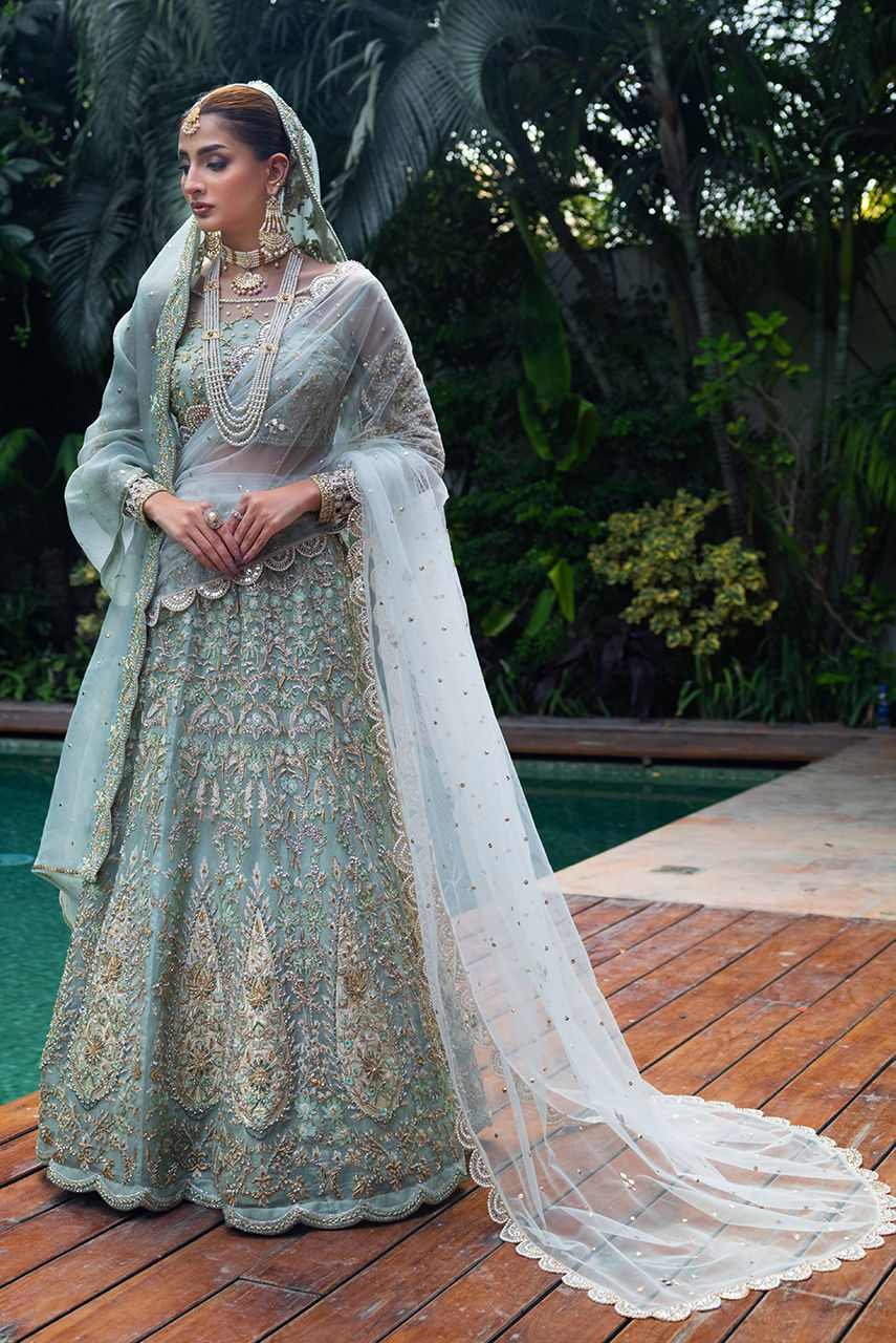 Pakistani Seafoam Zardozi Tulle & Khaadi Net Bridal Lehnga Choli (3-Piece) - Image 1