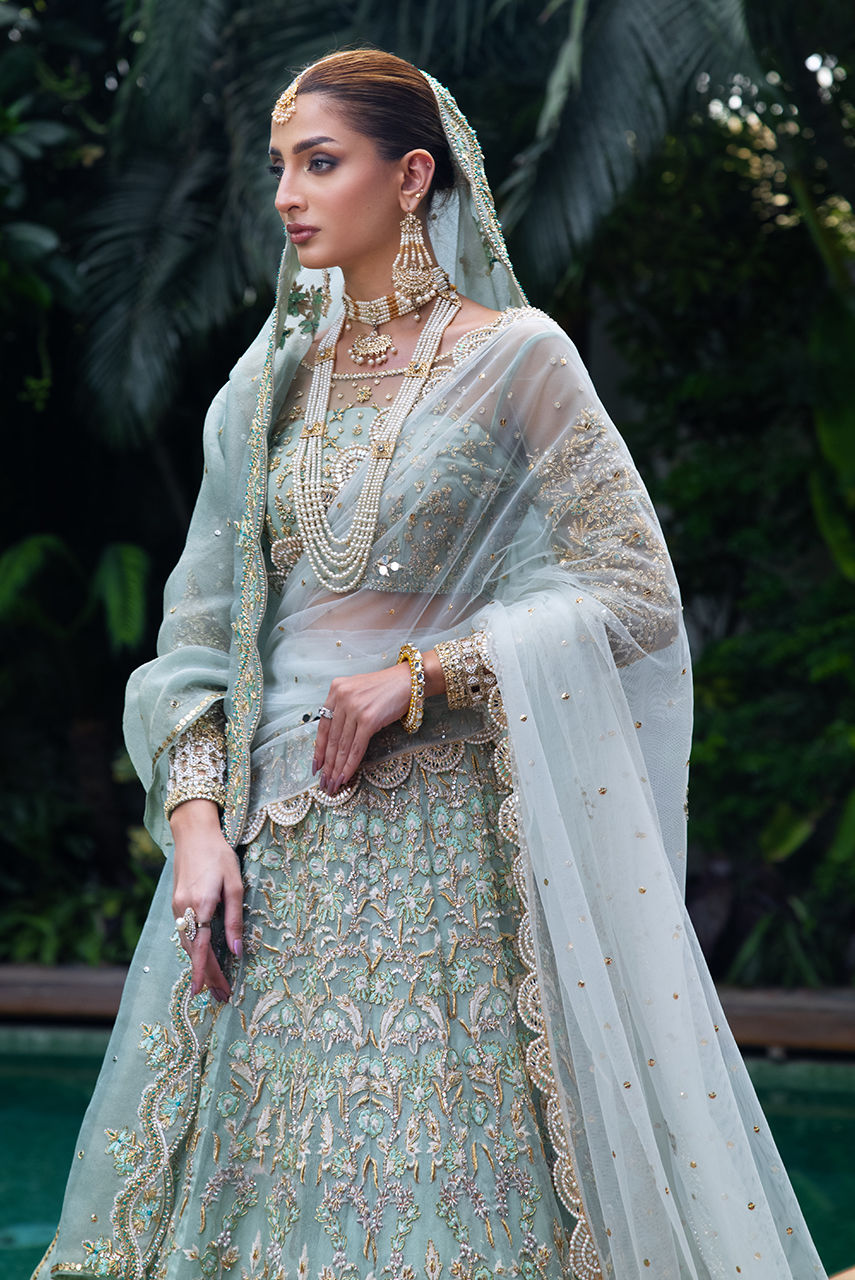 Pakistani Seafoam Zardozi Tulle & Khaadi Net Bridal Lehnga Choli (3-Piece) - Image 2
