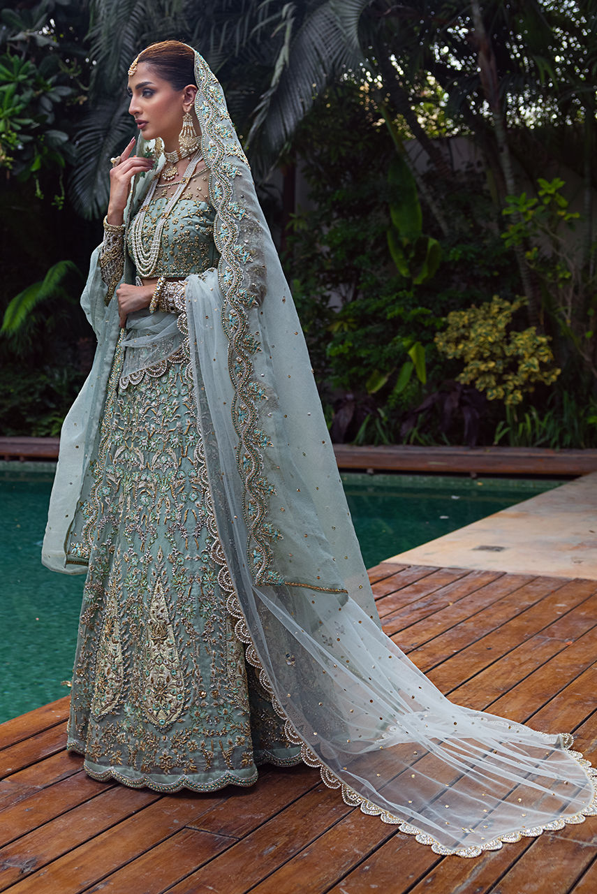 Pakistani Seafoam Zardozi Tulle & Khaadi Net Bridal Lehnga Choli (3-Piece) - Image 3