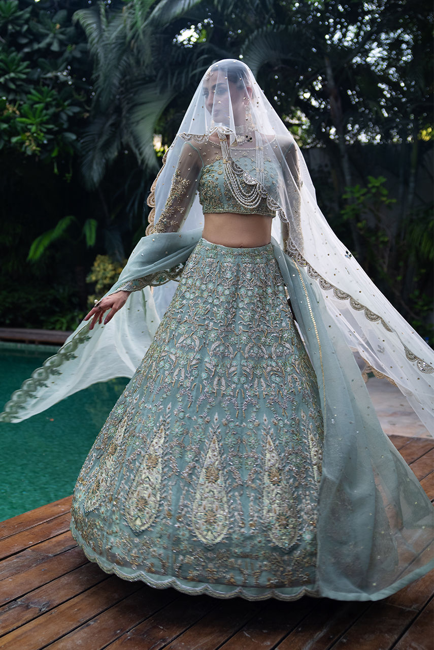 Pakistani Seafoam Zardozi Tulle & Khaadi Net Bridal Lehnga Choli (3-Piece) - Image 5