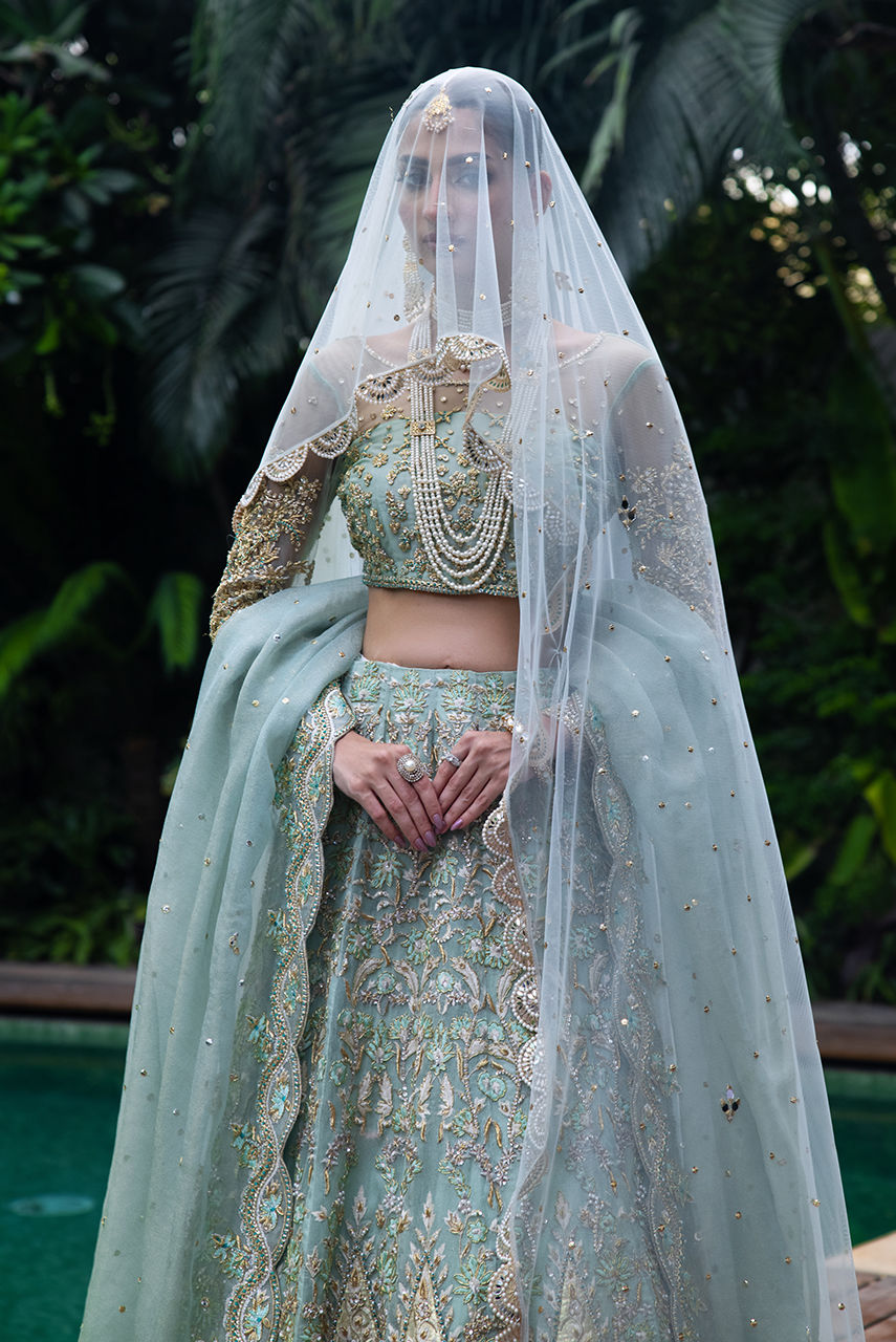 Pakistani Seafoam Zardozi Tulle & Khaadi Net Bridal Lehnga Choli (3-Piece) - Image 6