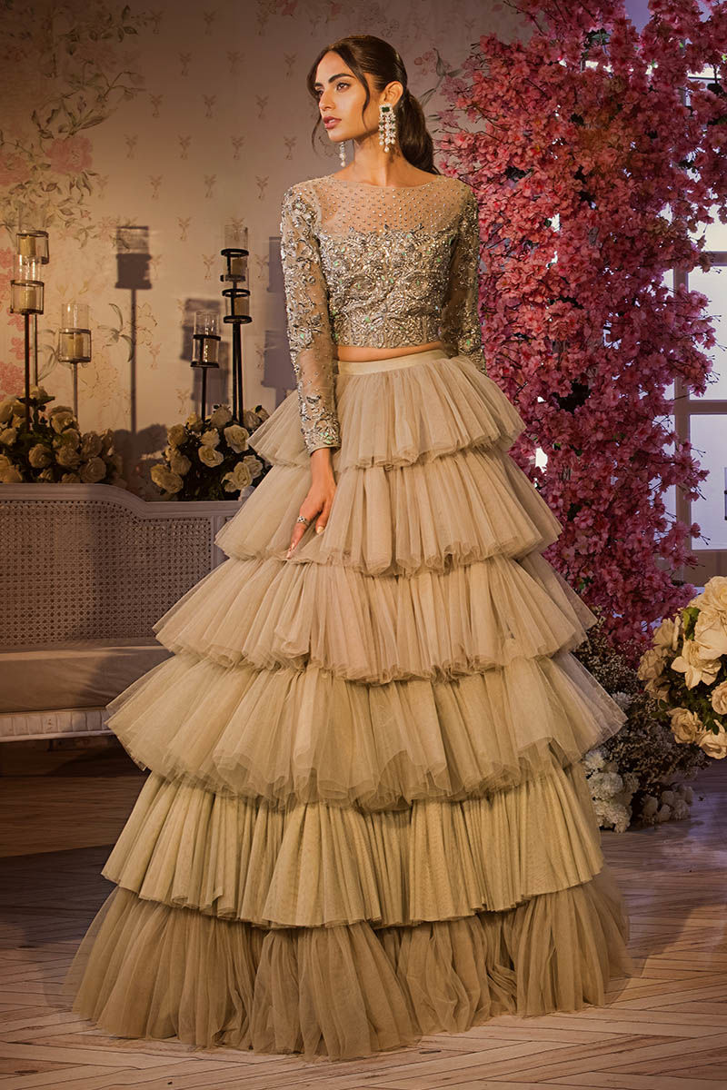 Pakistani Mint Green Zardozi Tulle Lehenga (2-Piece) - Image 1