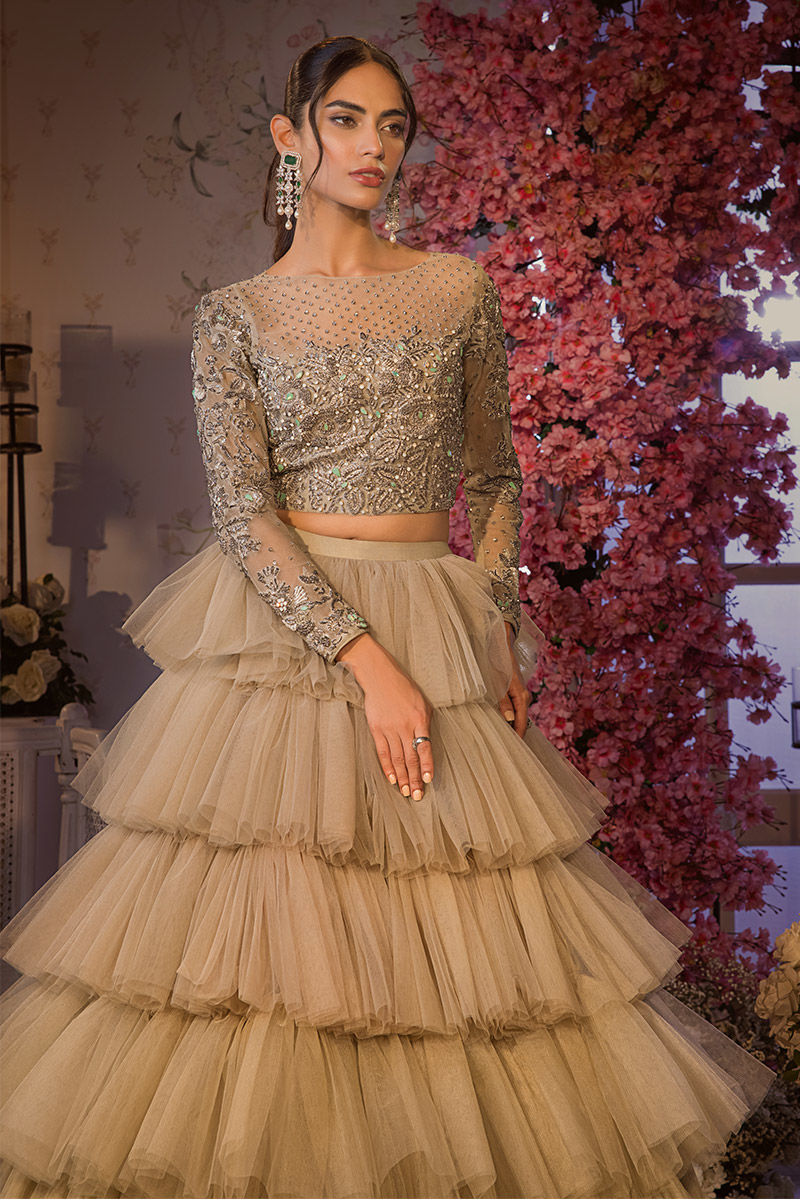 Pakistani Mint Green Zardozi Tulle Lehenga (2-Piece) - Image 2