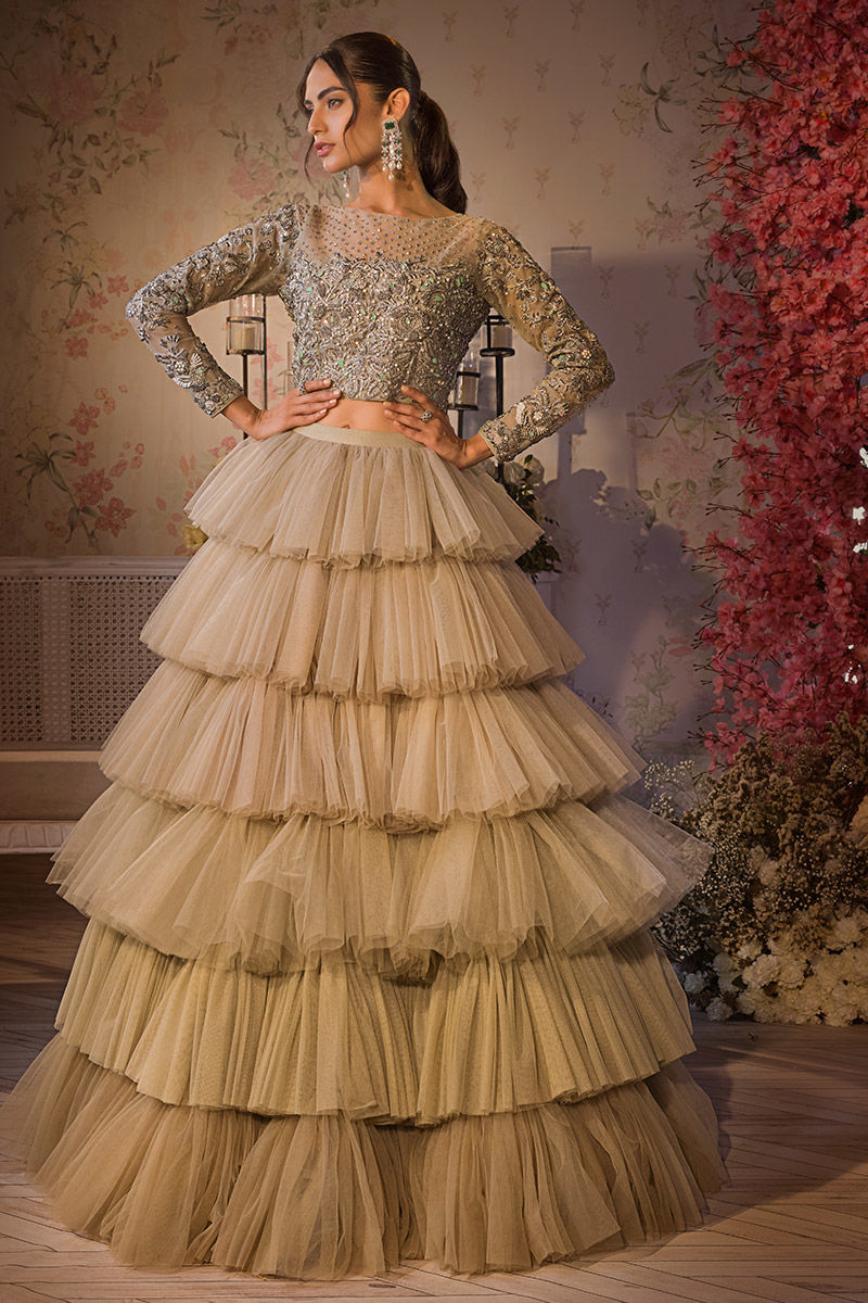 Pakistani Mint Green Zardozi Tulle Lehenga (2-Piece) - Image 3