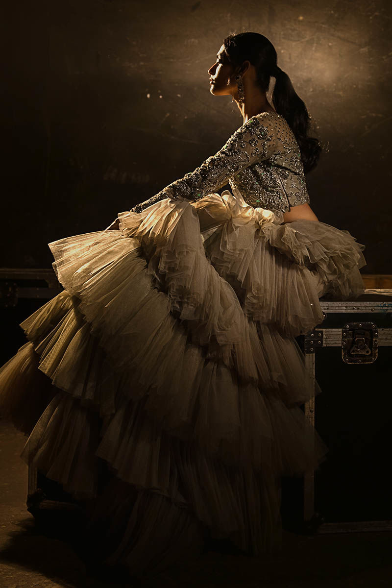 Pakistani Mint Green Zardozi Tulle Lehenga (2-Piece) - Image 4