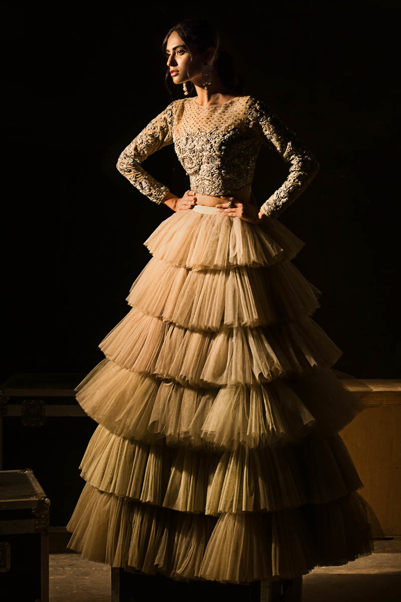 Pakistani Mint Green Zardozi Tulle Lehenga (2-Piece) - Image 6