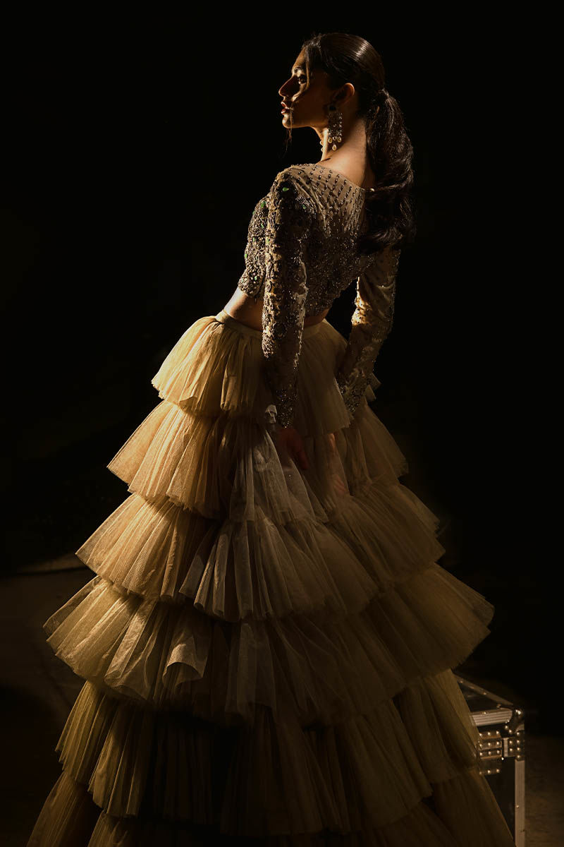 Pakistani Mint Green Zardozi Tulle Lehenga (2-Piece) - Image 7