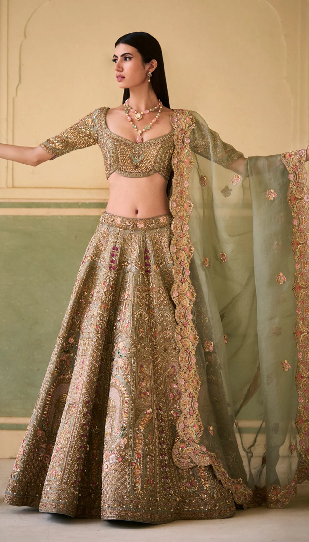 Sage Green Hand-Embroidered Tulle Lehenga Choli (3-Piece) - Image 1