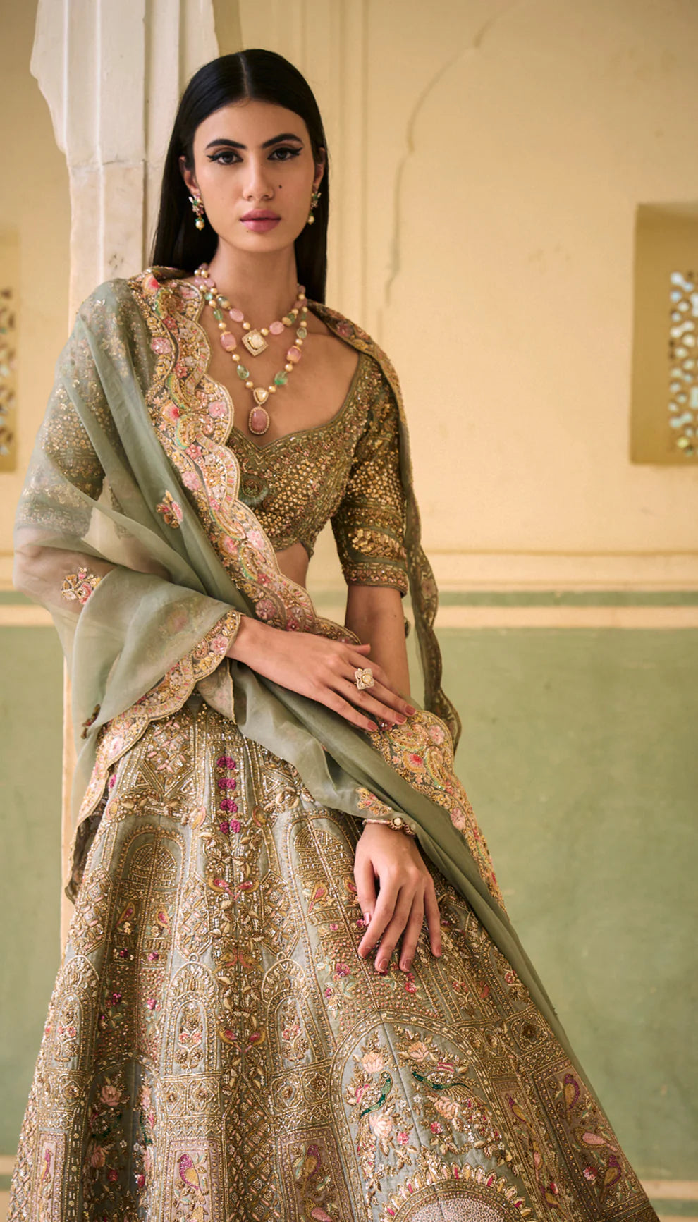 Sage Green Hand-Embroidered Tulle Lehenga Choli (3-Piece) - Image 2