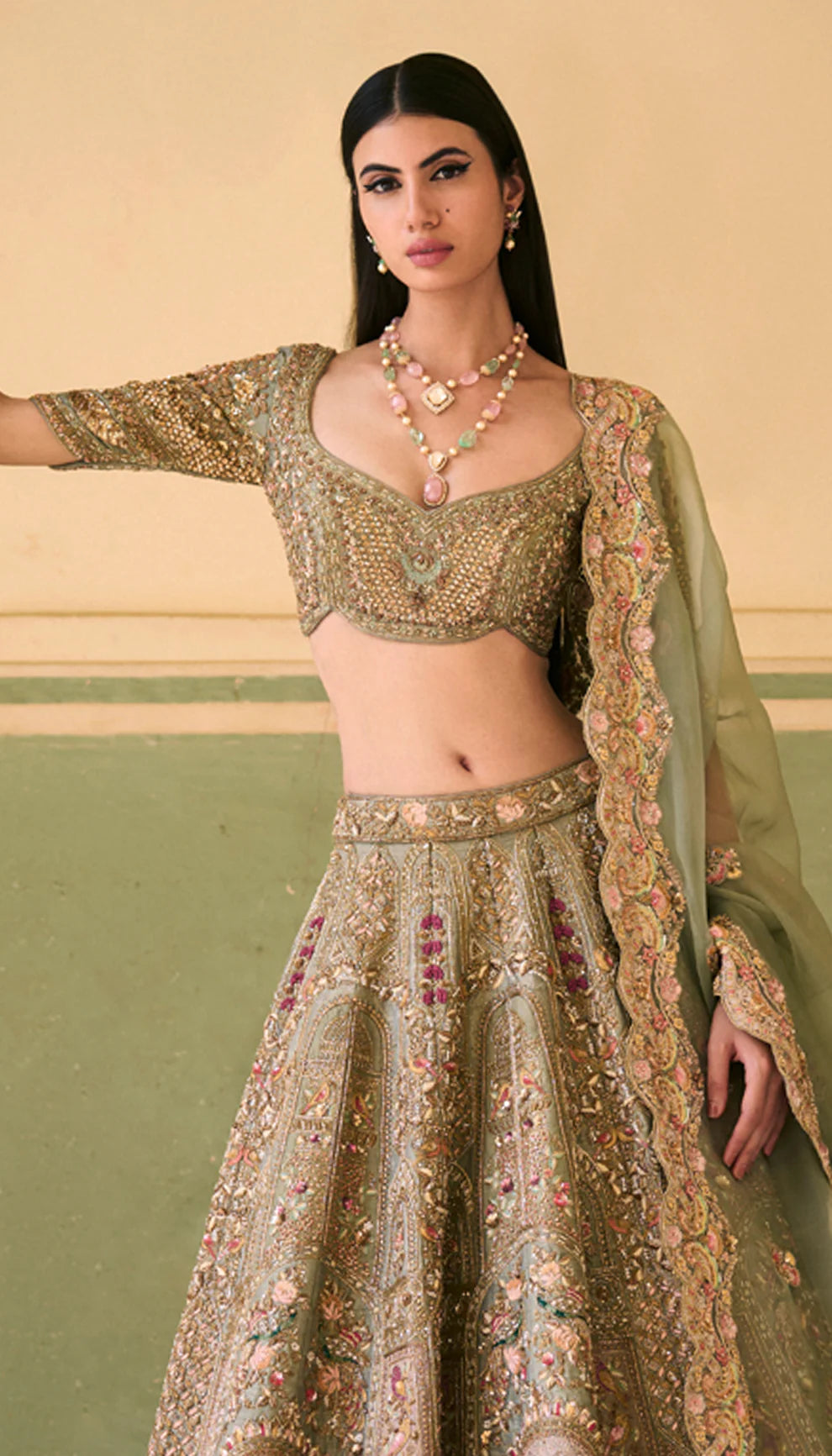 Sage Green Hand-Embroidered Tulle Lehenga Choli (3-Piece) - Image 3