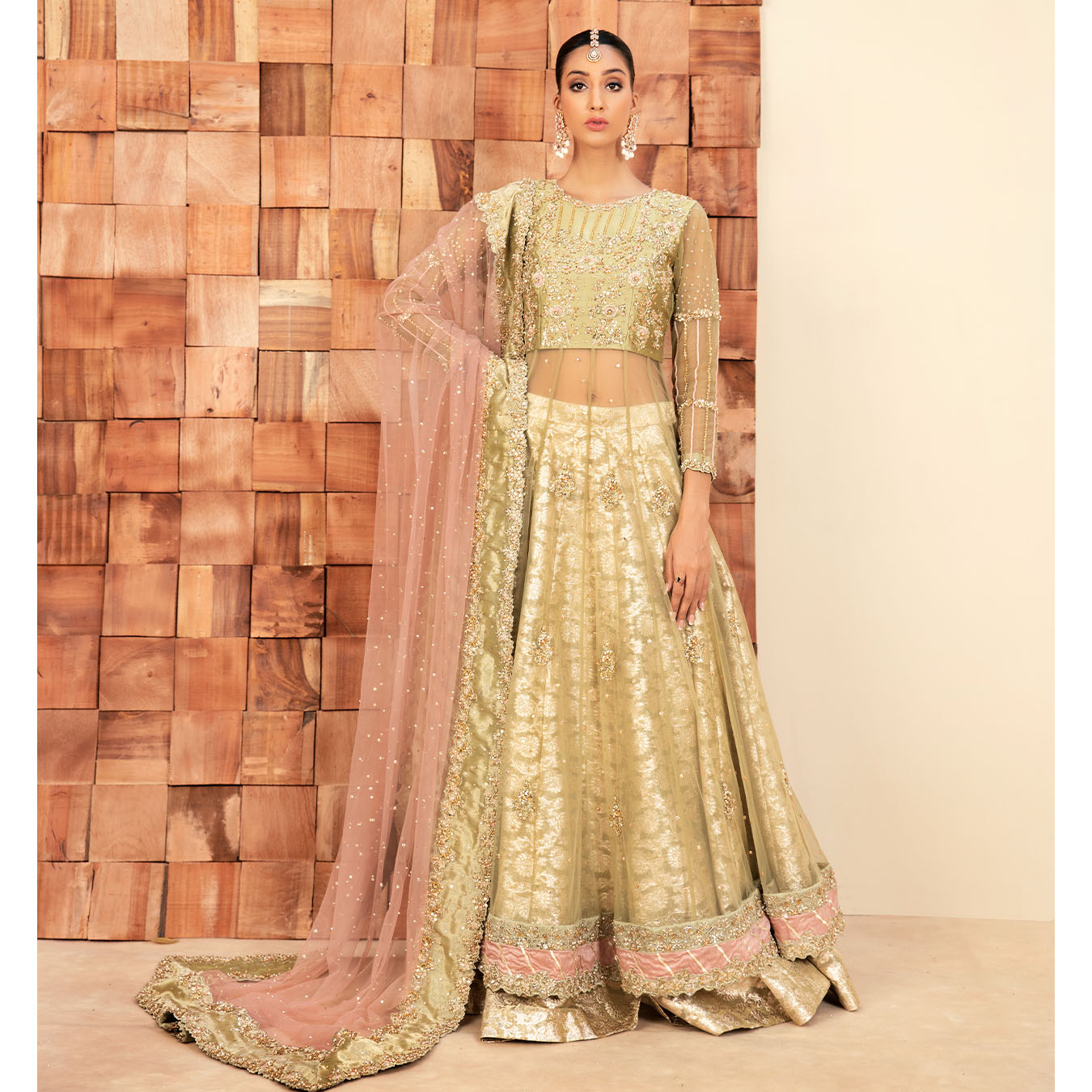 Pakistani Pistachio Green Hand-Embellished Tulle Pishwas (4-Piece) - Image 1