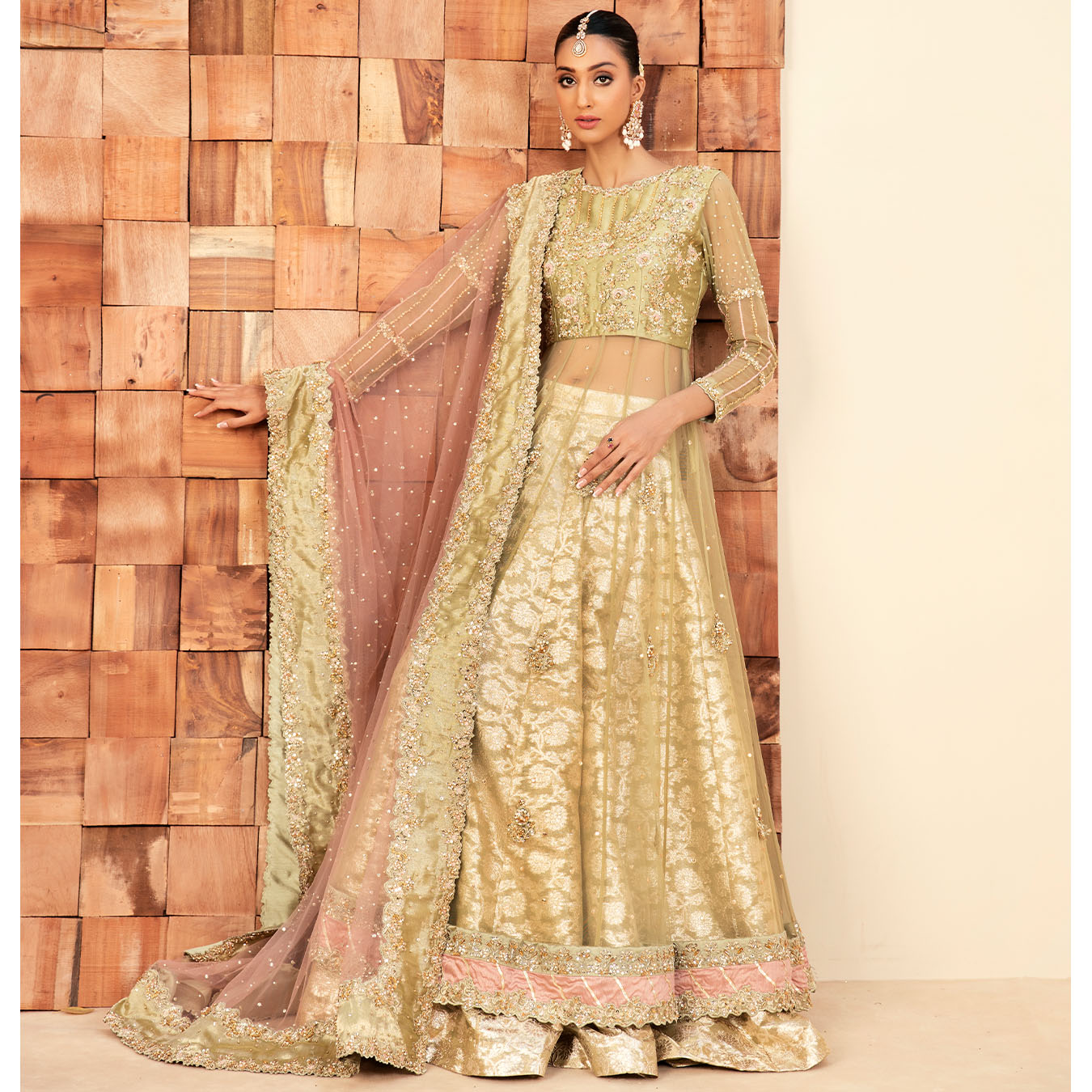 Pakistani Pistachio Green Hand-Embellished Tulle Pishwas (4-Piece) - Image 2