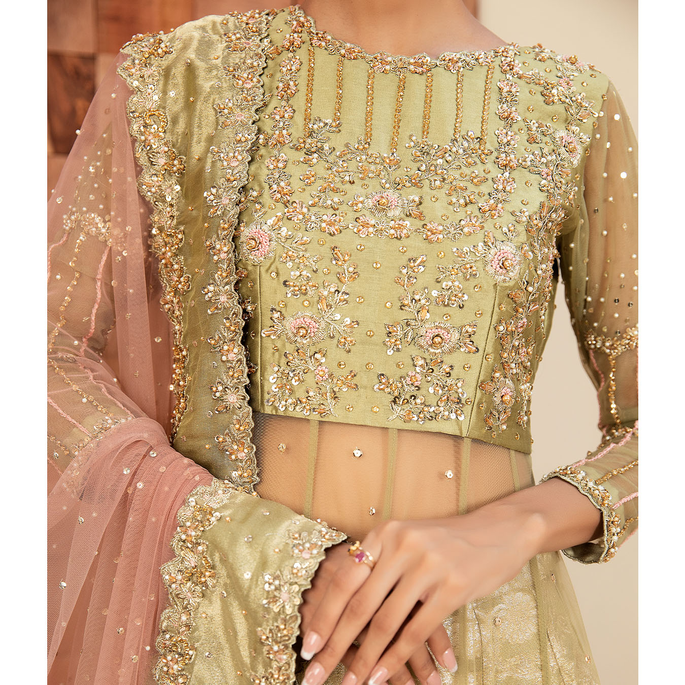 Pakistani Pistachio Green Hand-Embellished Tulle Pishwas (4-Piece) - Image 3
