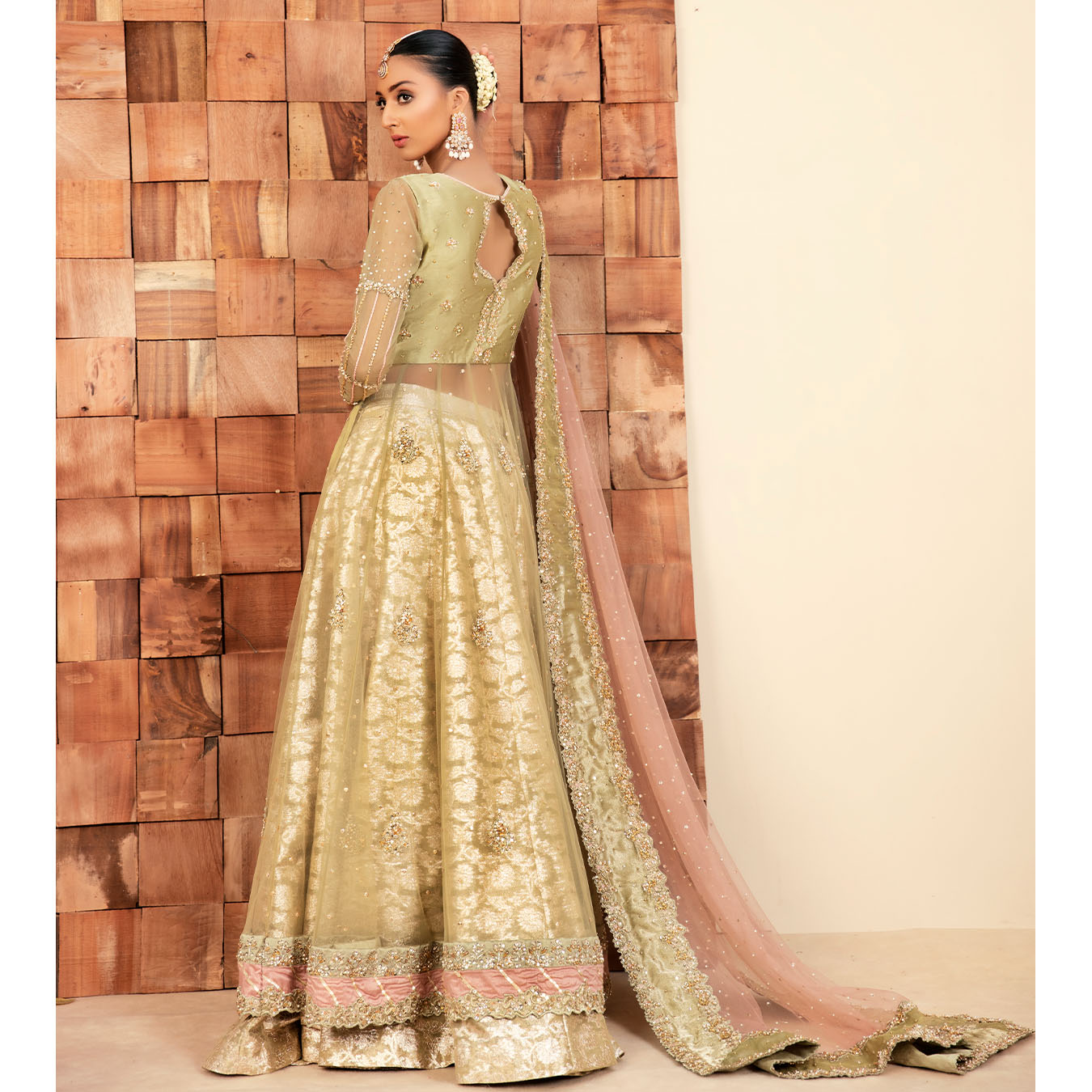 Pakistani Pistachio Green Hand-Embellished Tulle Pishwas (4-Piece) - Image 4