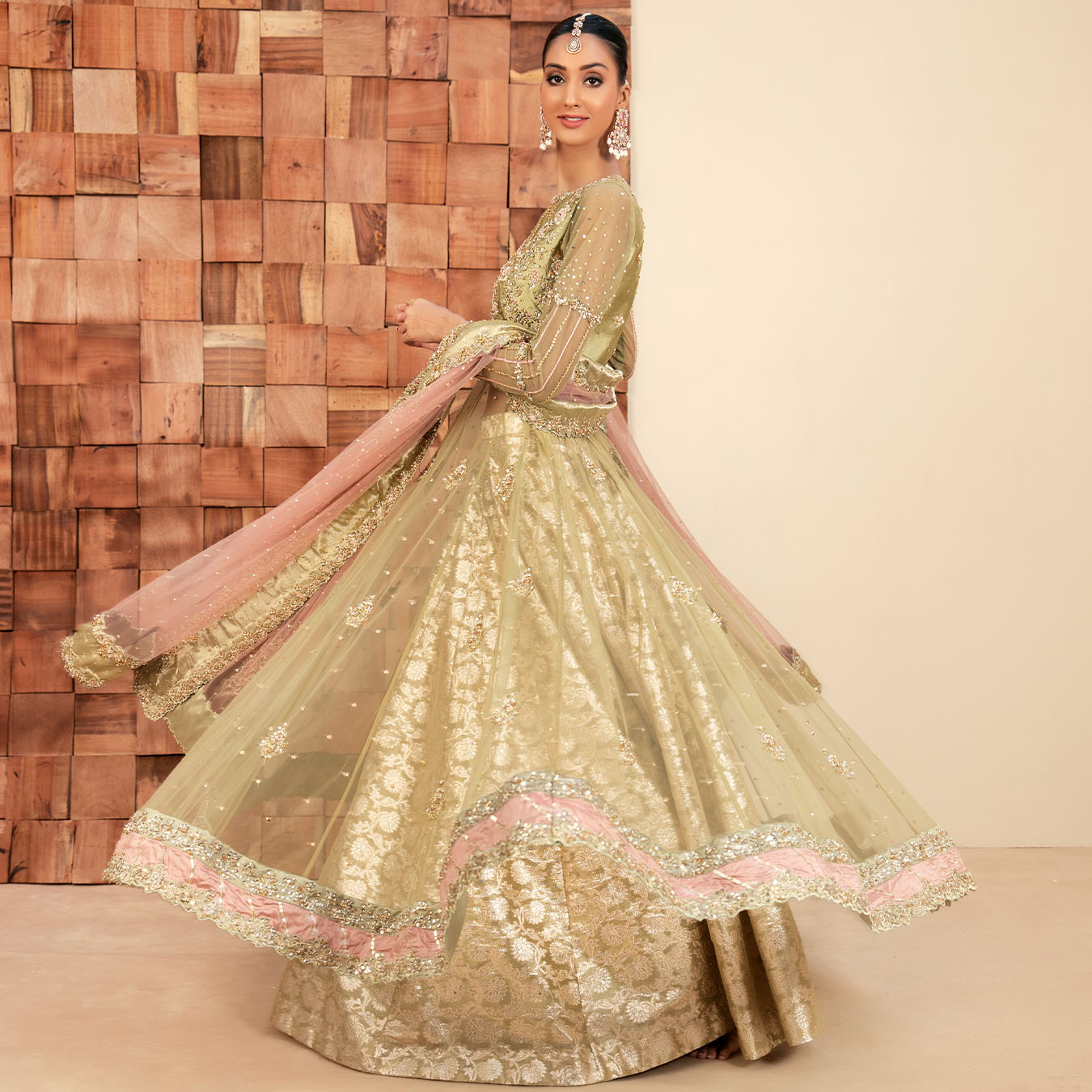 Pakistani Pistachio Green Hand-Embellished Tulle Pishwas (4-Piece) - Image 5
