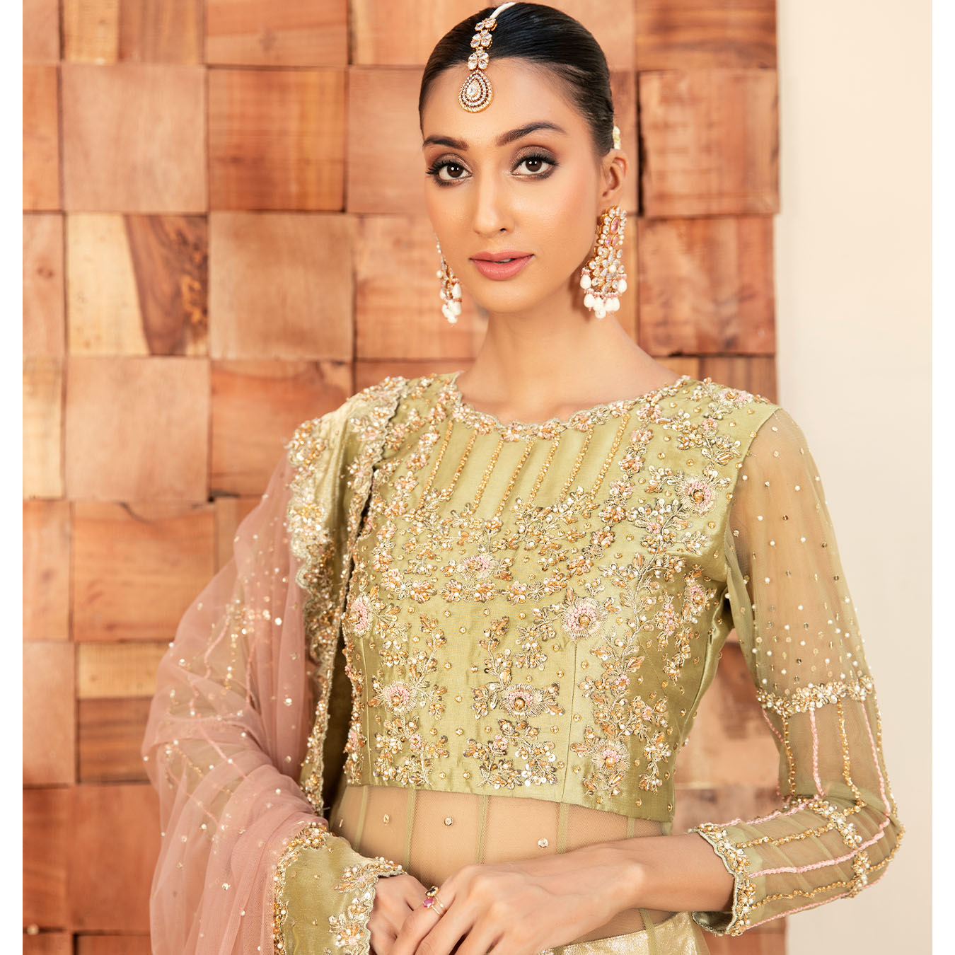 Pakistani Pistachio Green Hand-Embellished Tulle Pishwas (4-Piece) - Image 6