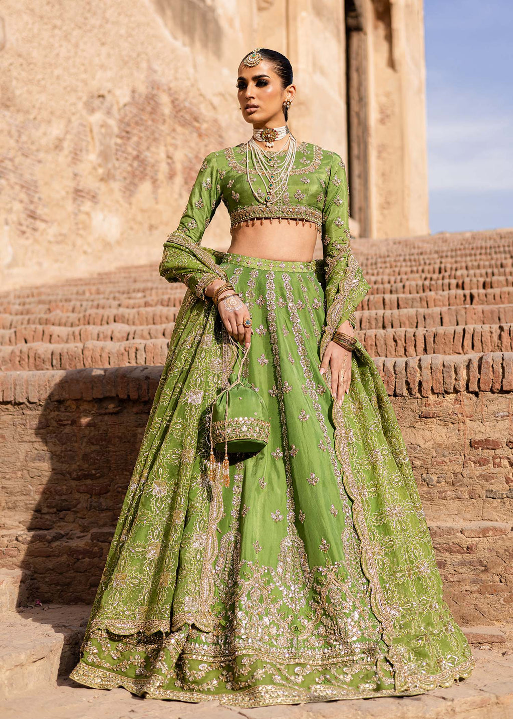 Mehndi Green Hand-Embellished Tussel Silk Lehenga (3-Piece) - Image 1