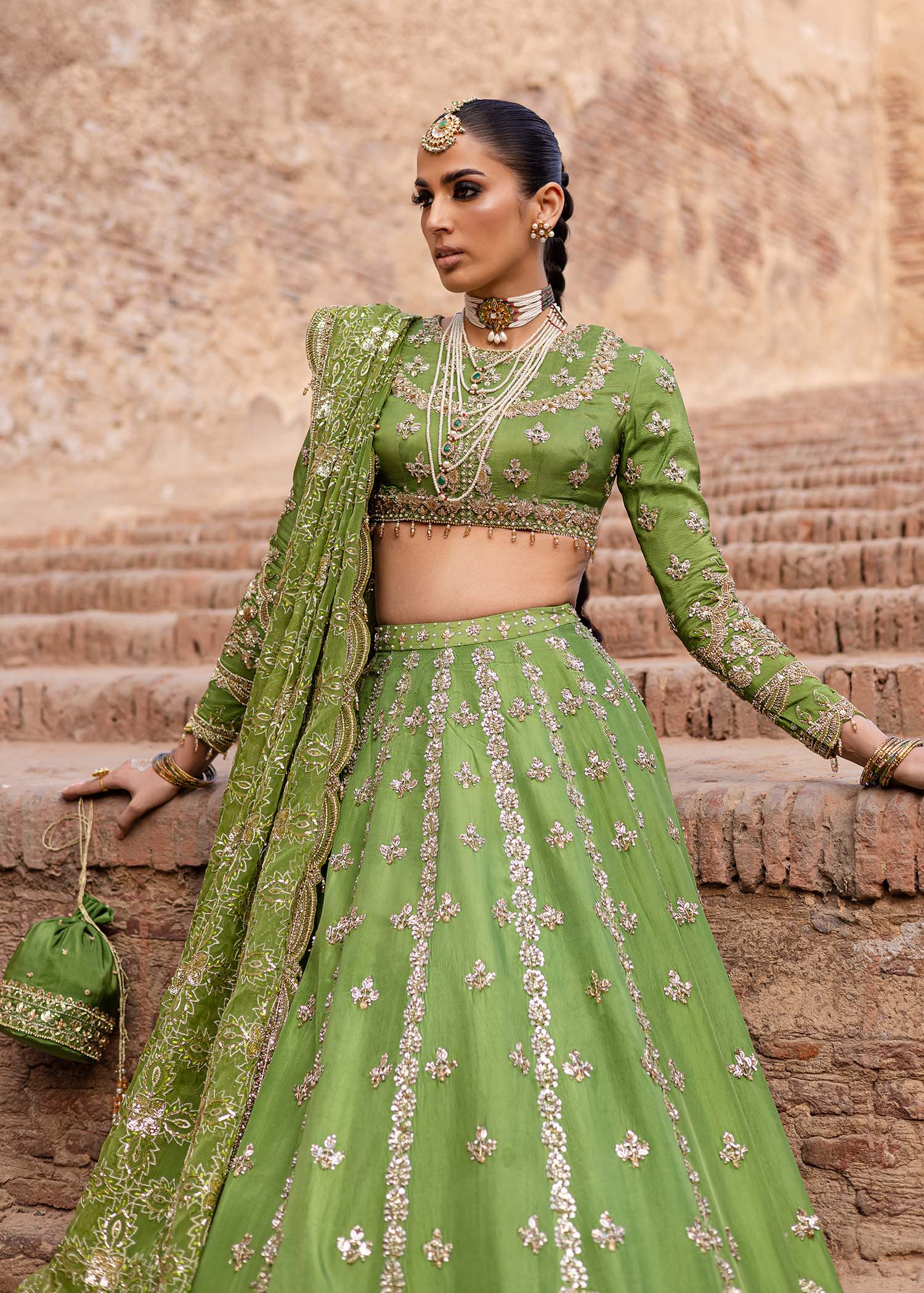 Mehndi Green Hand-Embellished Tussel Silk Lehenga (3-Piece) - Image 2