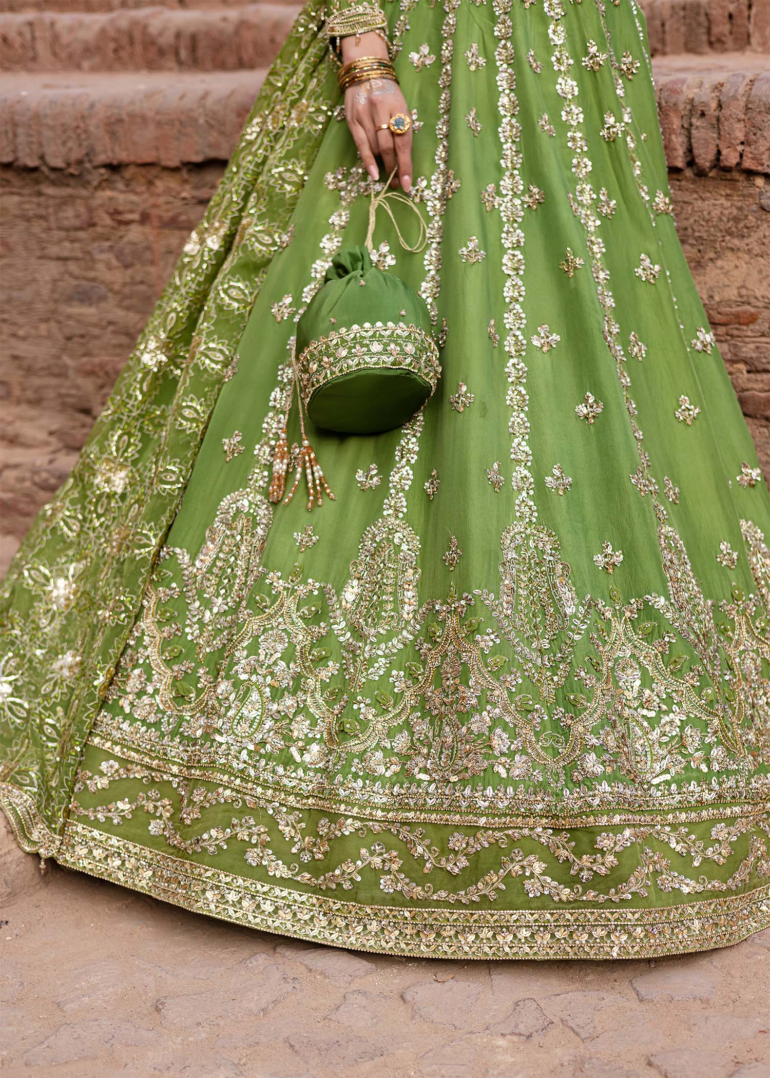 Mehndi Green Hand-Embellished Tussel Silk Lehenga (3-Piece) - Image 4