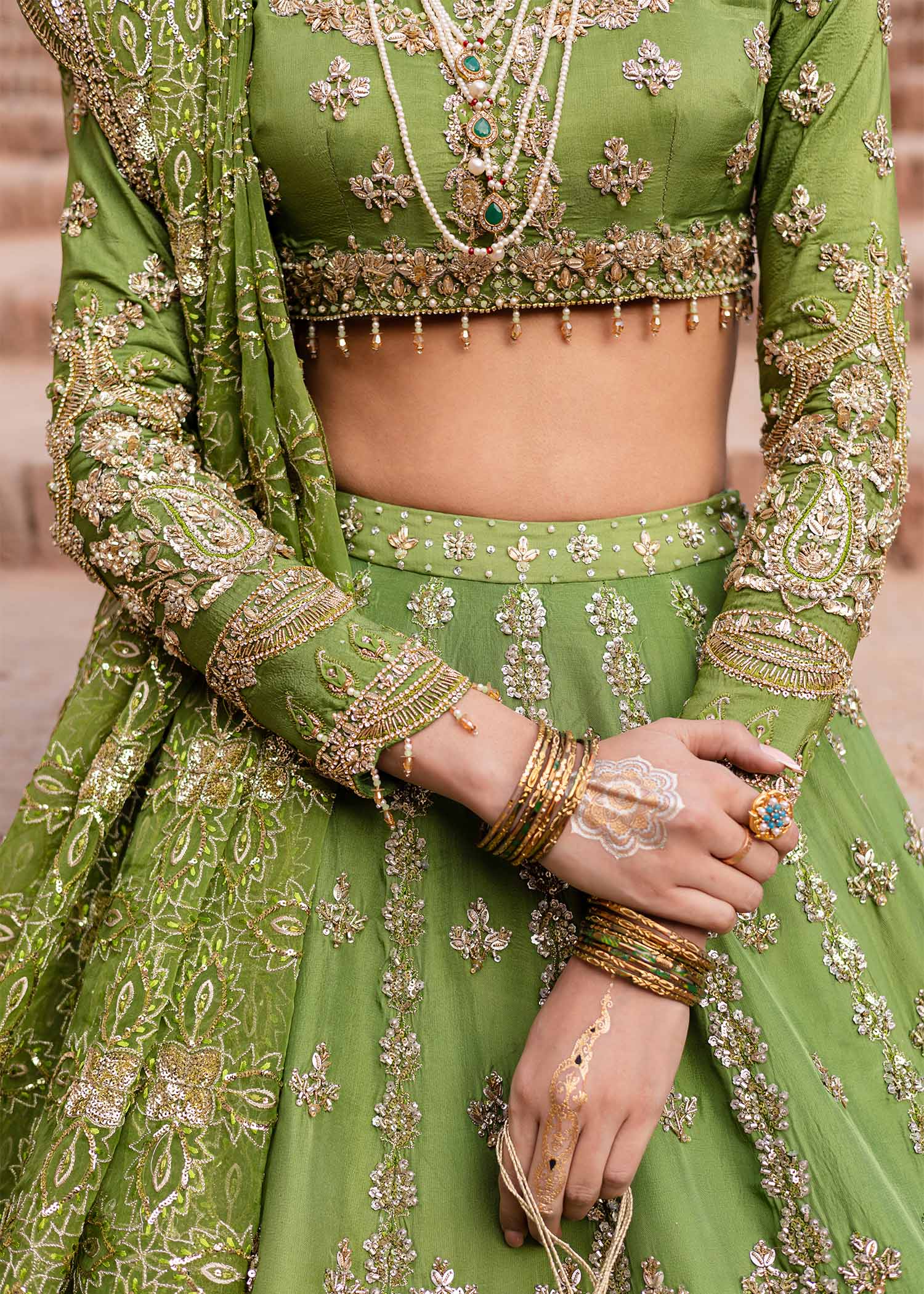 Mehndi Green Hand-Embellished Tussel Silk Lehenga (3-Piece) - Image 5