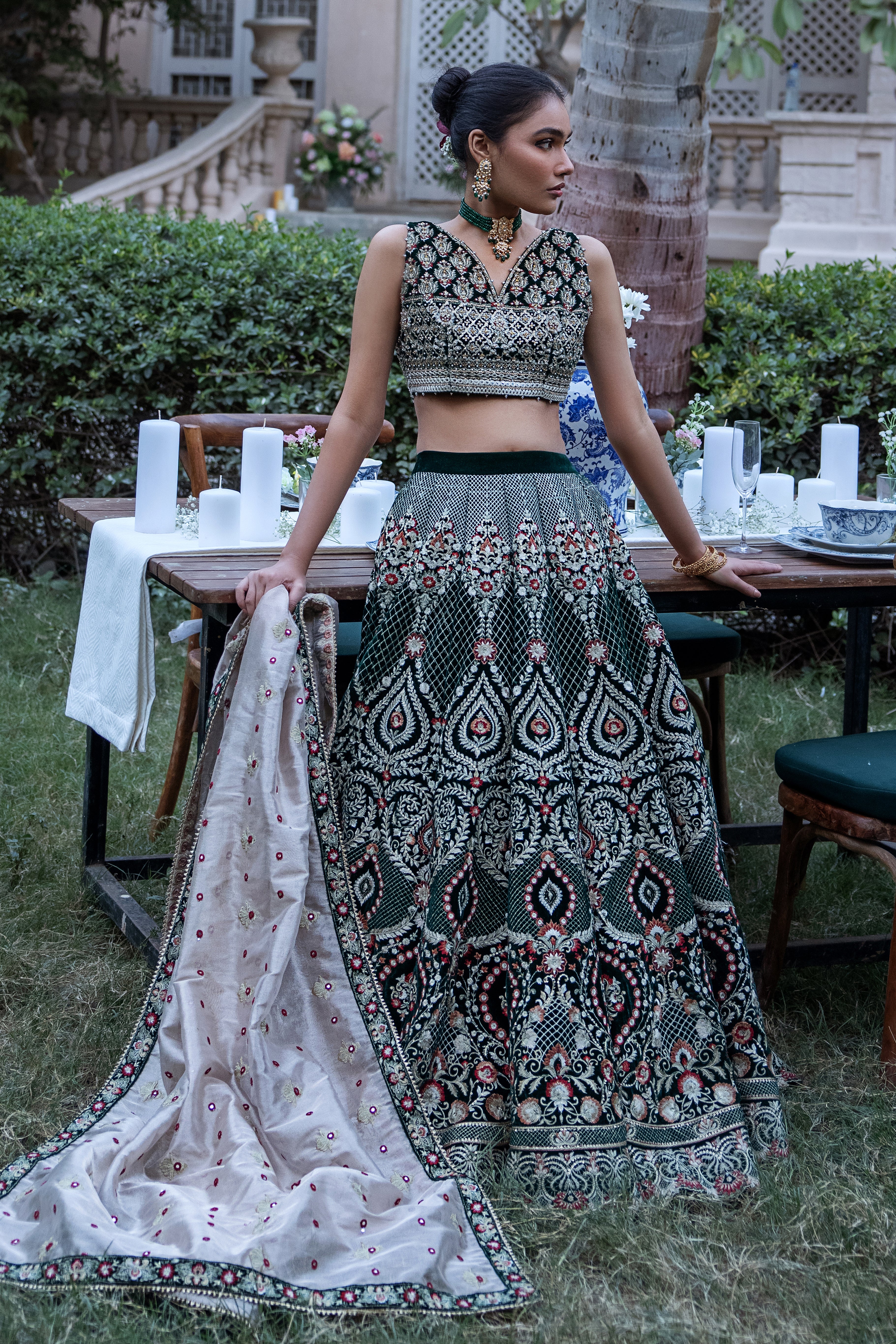 Dark Green Hand-Embroidered Velvet Lehenga (3-Piece) - Image 1