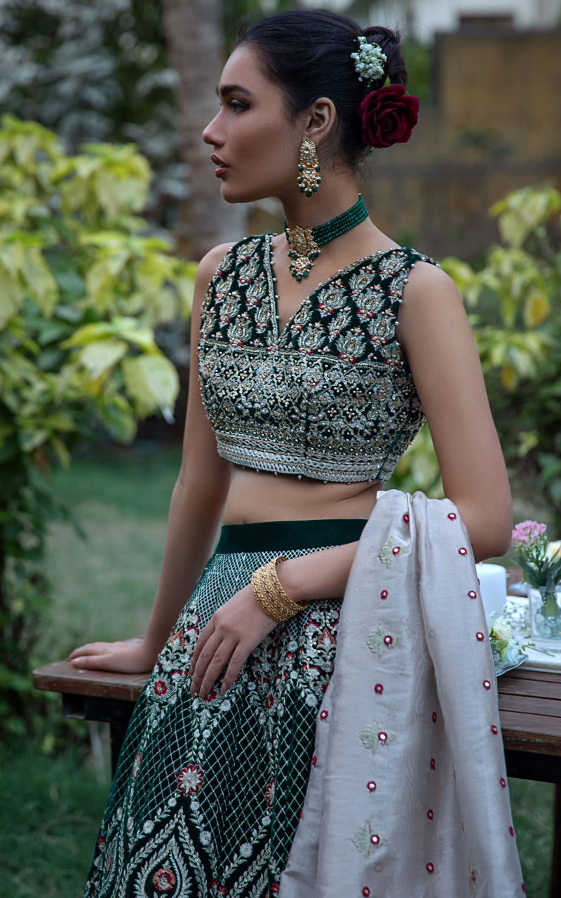 Dark Green Hand-Embroidered Velvet Lehenga (3-Piece) - Image 2