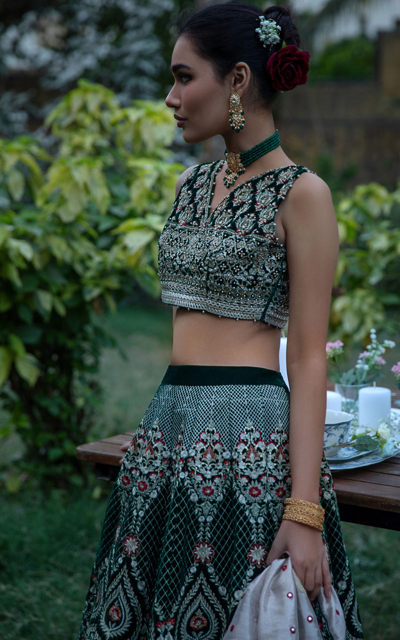 Dark Green Hand-Embroidered Velvet Lehenga (3-Piece) - Image 3