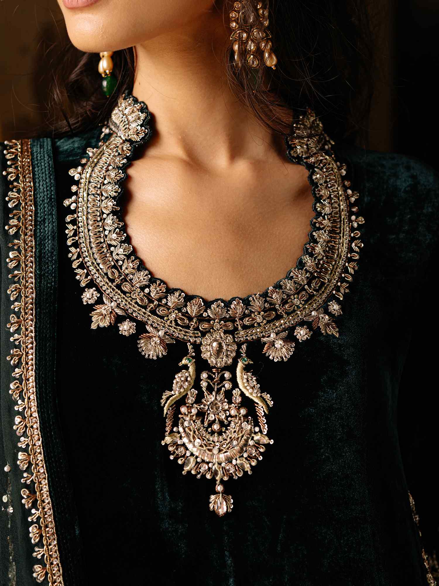 Pakistani Emerald Green Embroidered Velvet Lehenga (3-Piece) - Image 2