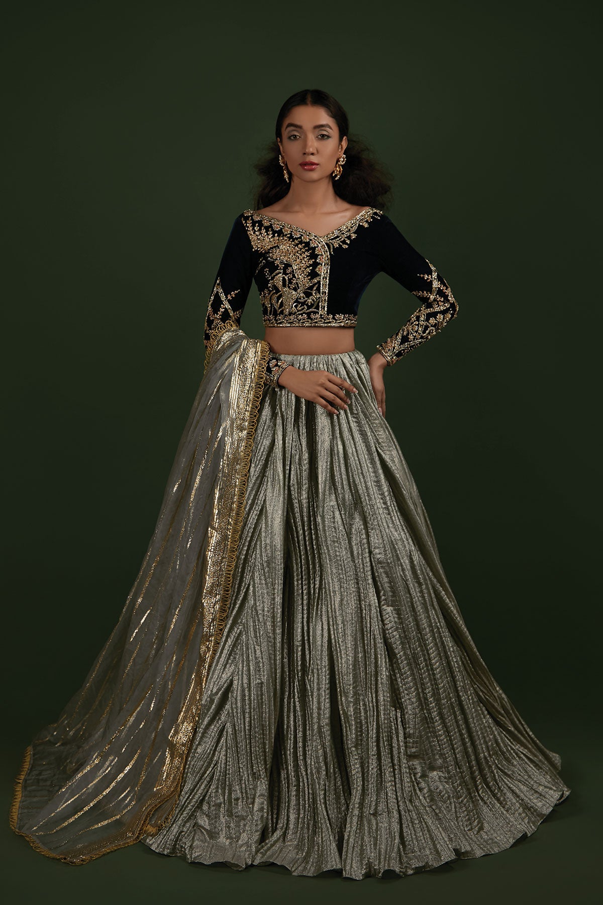 Teal Embroidered Velvet Choli with Mint Tissue Lehenga (3-Piece) - Image 1