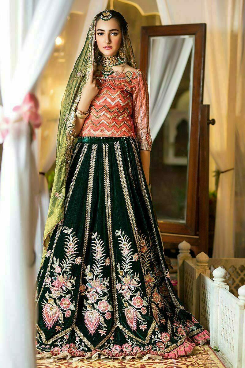 Pink Sequinned Choli with Green Velvet Embroidered Lehenga (3-Piece) - Image 1