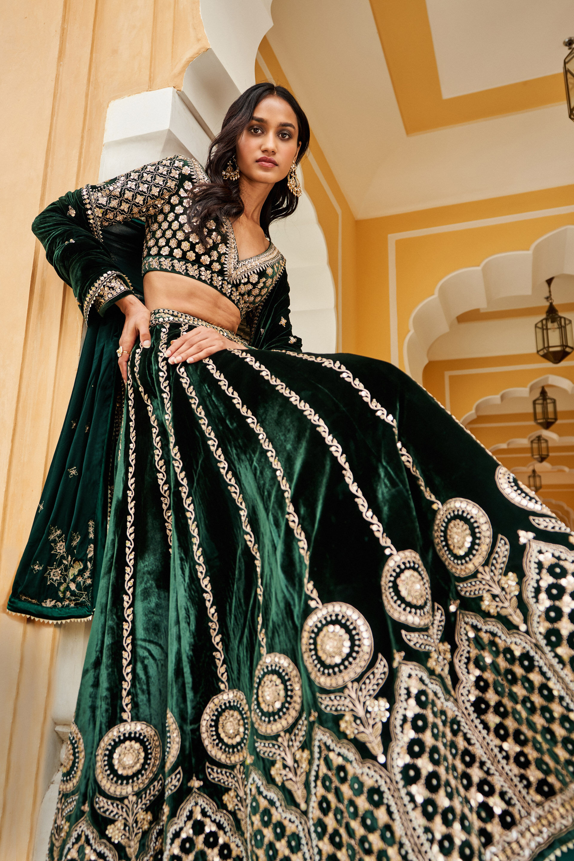 Indian Emerald Green Zardozi Velvet Silk Lehenga (3-Piece) - Image 1