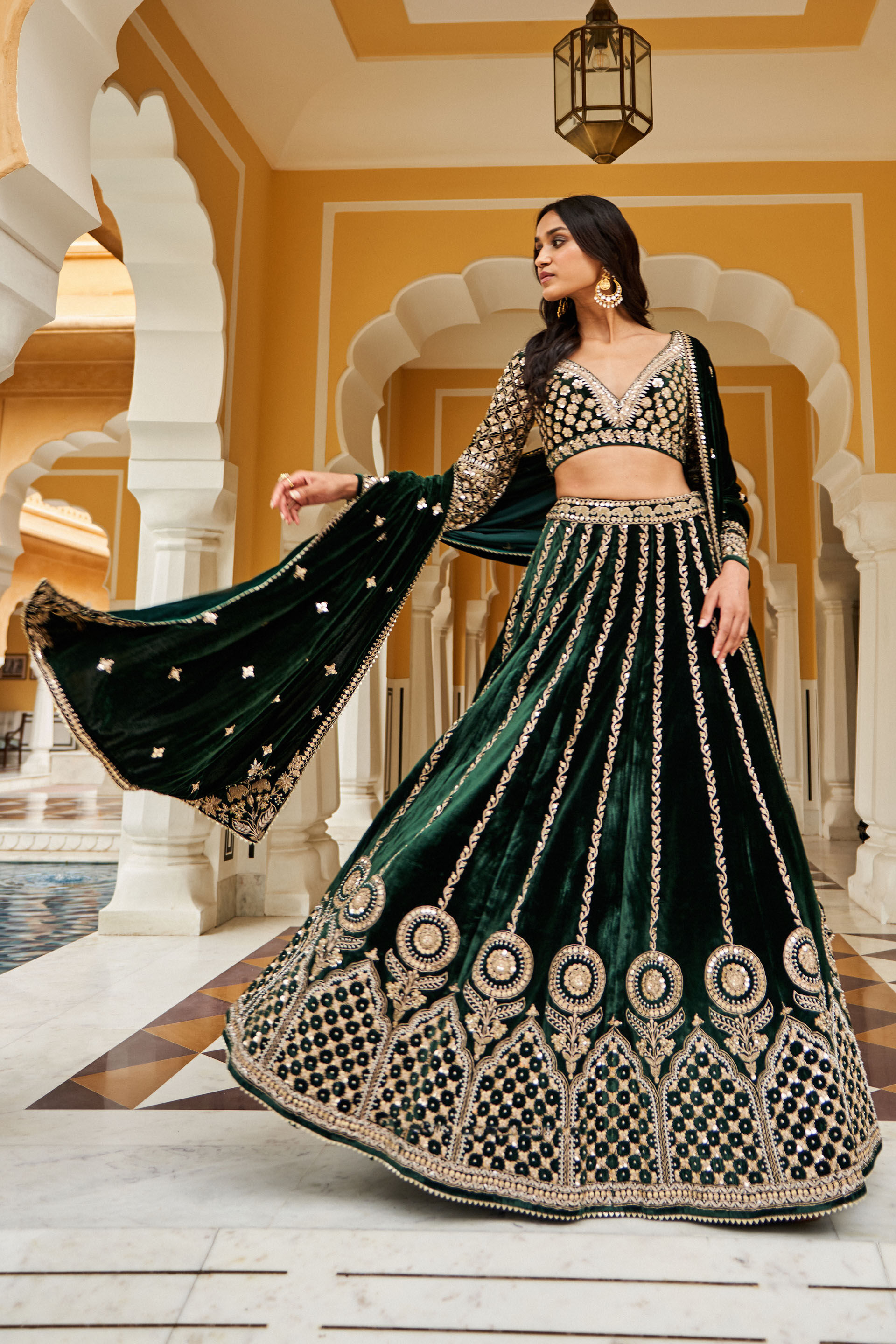 Indian Emerald Green Zardozi Velvet Silk Lehenga (3-Piece) - Image 2