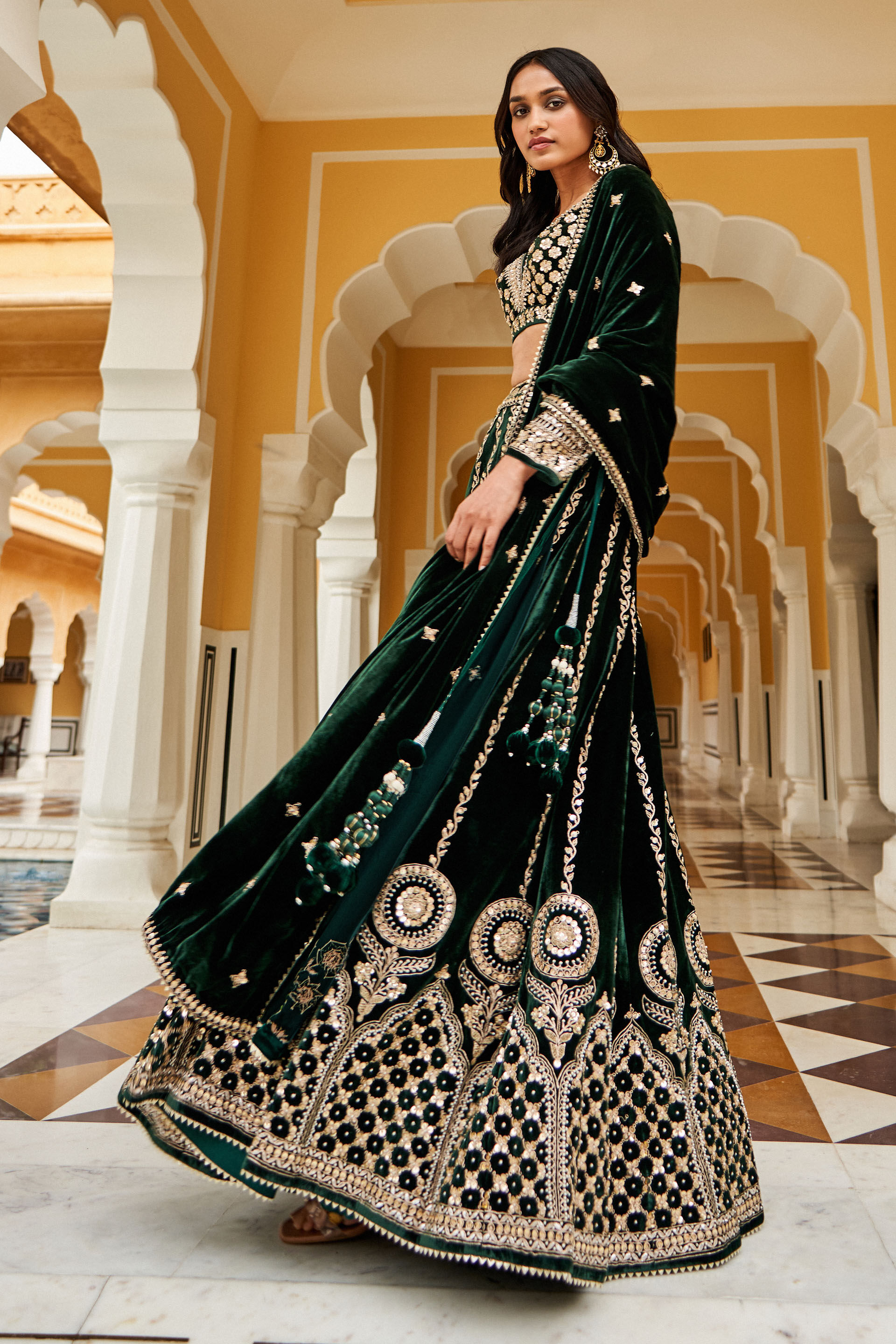 Indian Emerald Green Zardozi Velvet Silk Lehenga (3-Piece) - Image 3