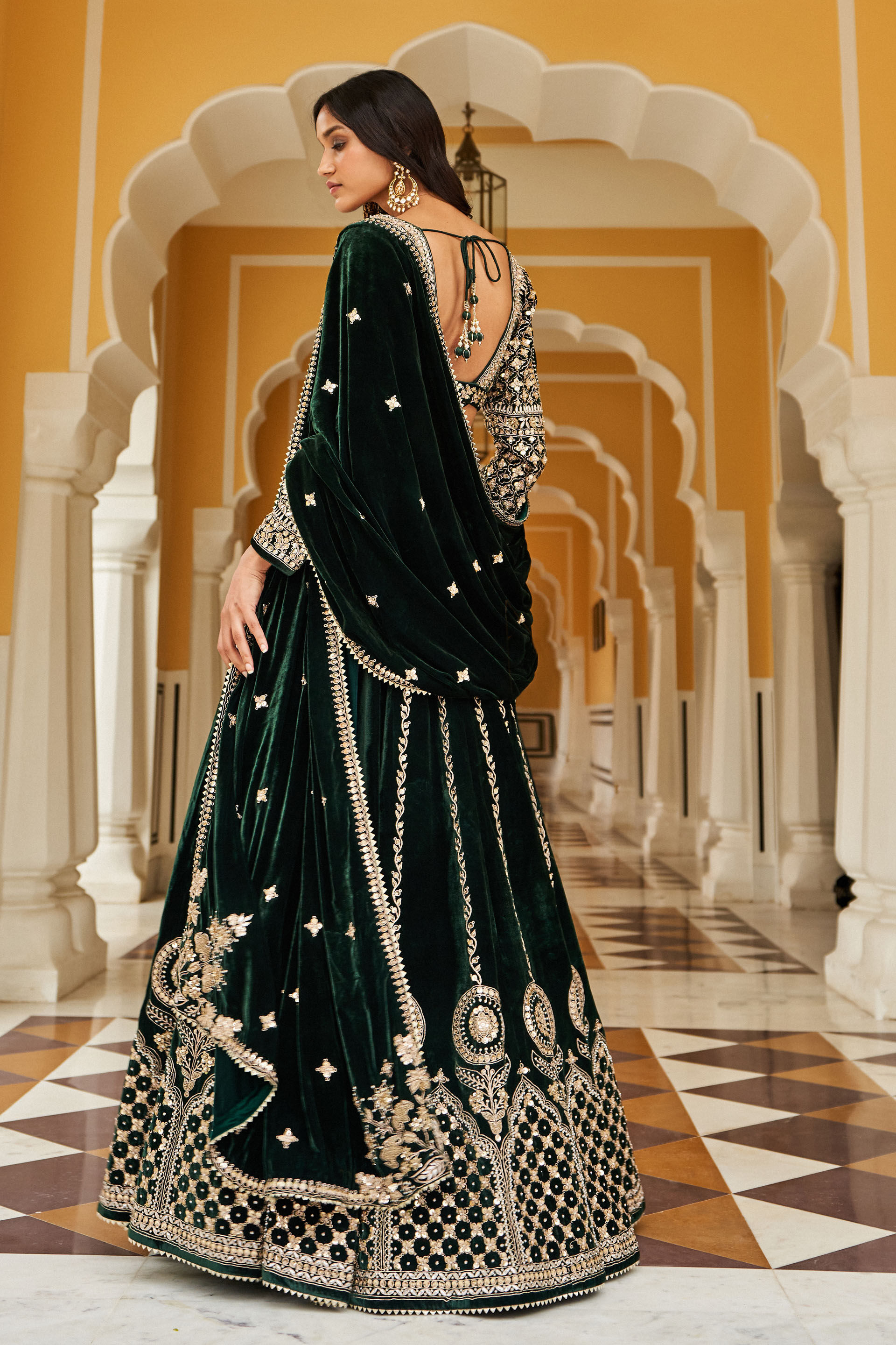 Indian Emerald Green Zardozi Velvet Silk Lehenga (3-Piece) - Image 5