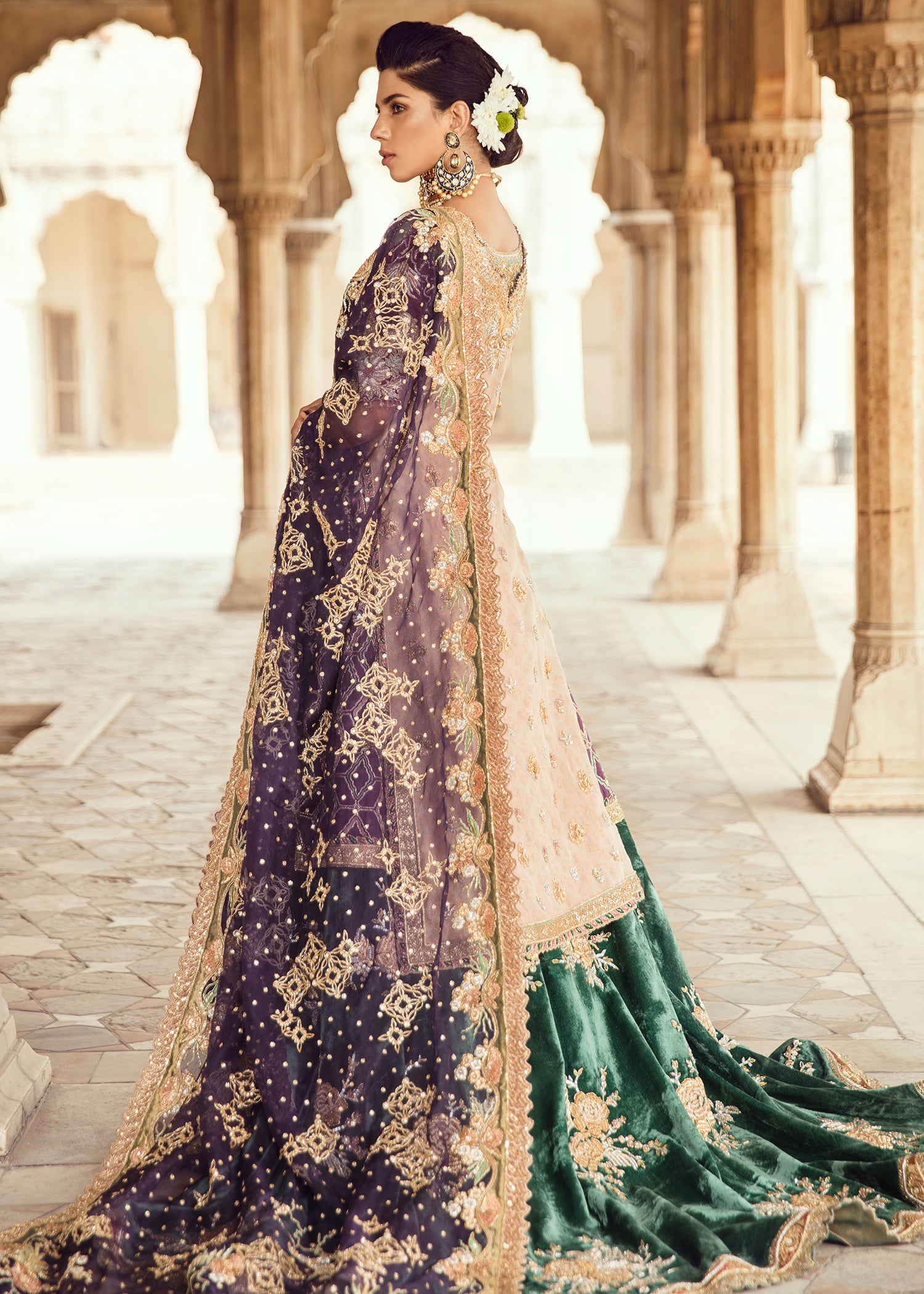 Emerald Green Embroidered Velvet Lehenga (3-Piece) - Image 2