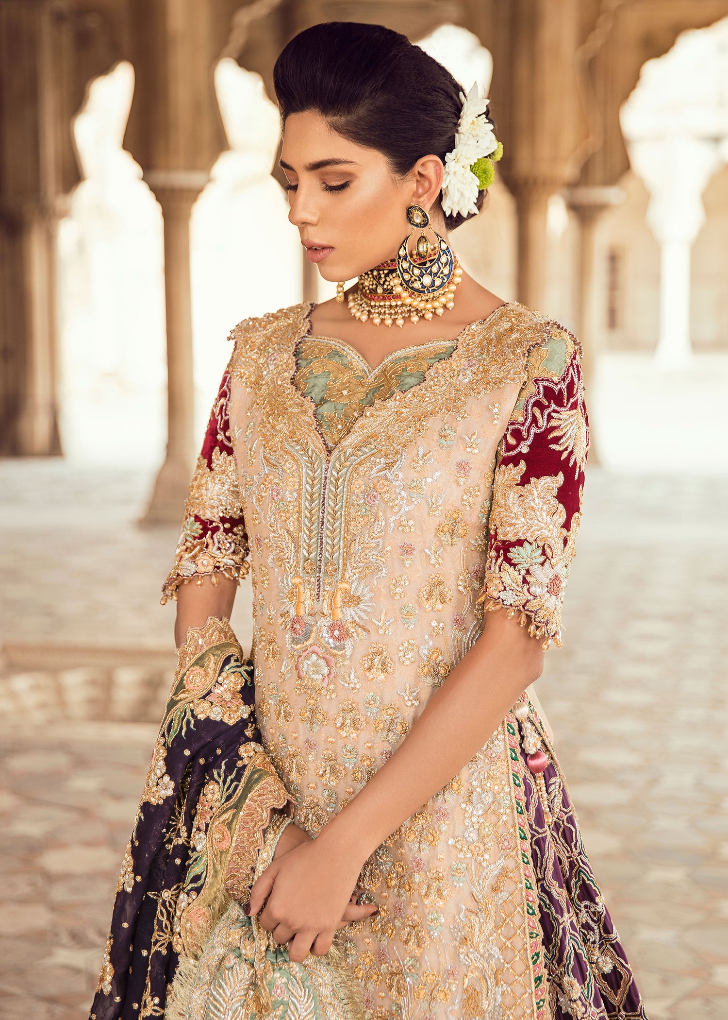 Emerald Green Embroidered Velvet Lehenga (3-Piece) - Image 3