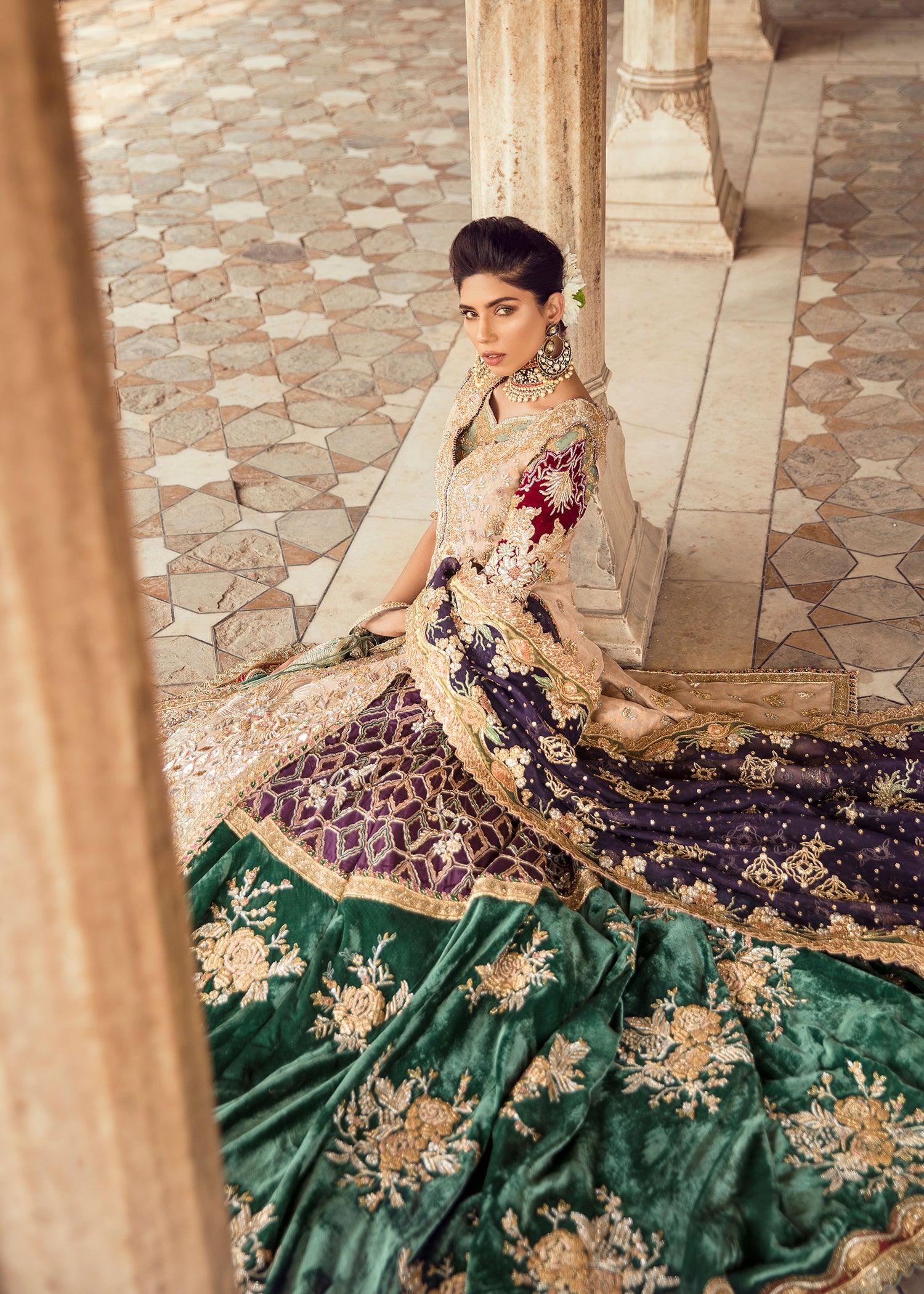 Deep Green Embroidered Velvet Bridal Lehenga (3-Piece) - Image 4