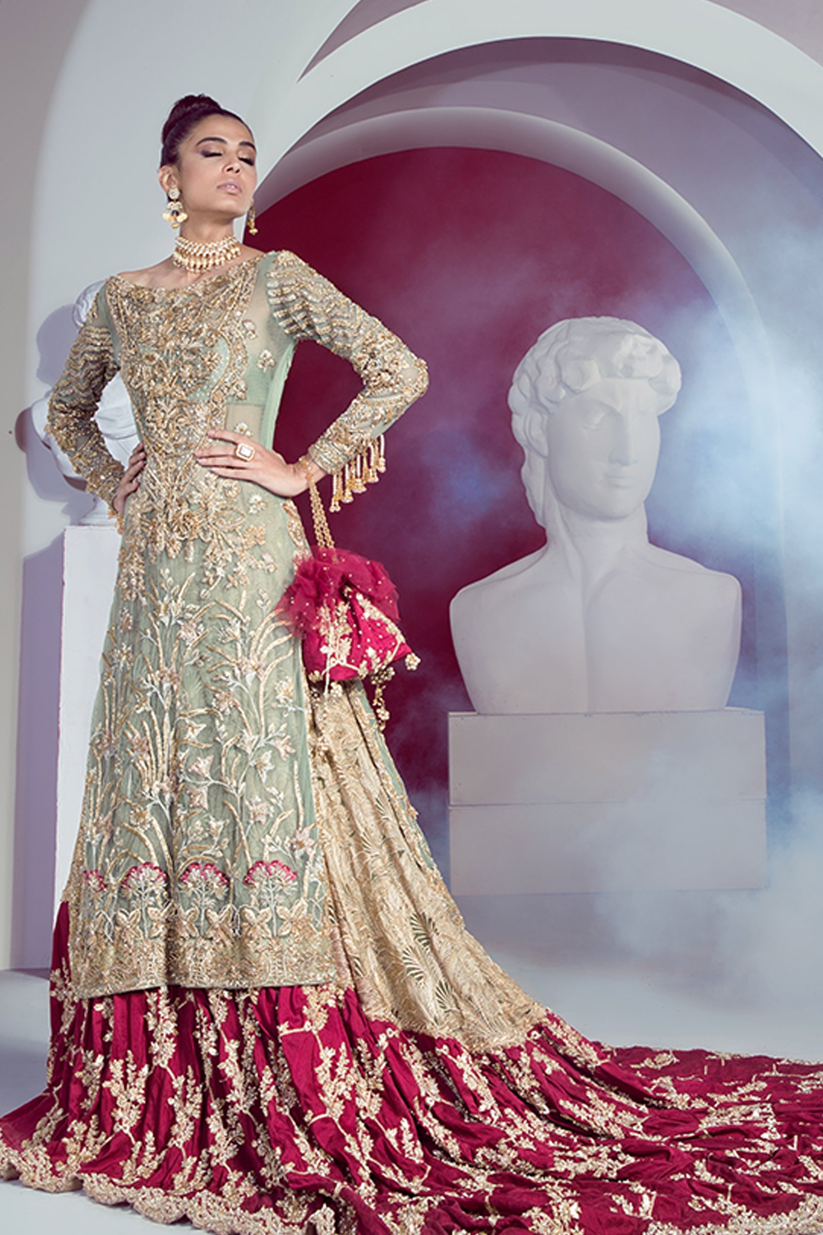 Pakistani Mint Embroidered Net Bridal Lehenga (3-Piece) - Image 1