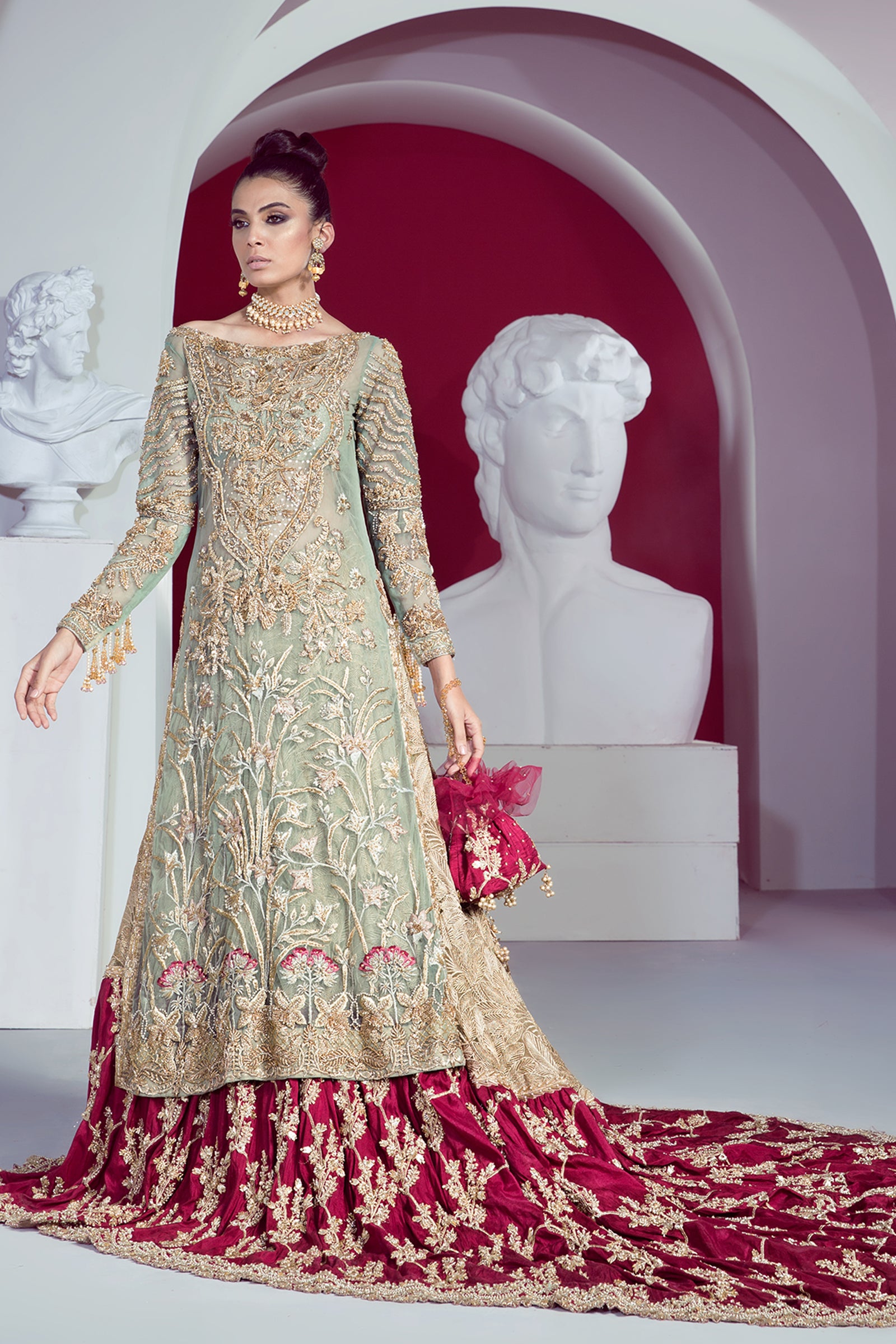 Pakistani Mint Embroidered Net Bridal Lehenga (3-Piece) - Image 2
