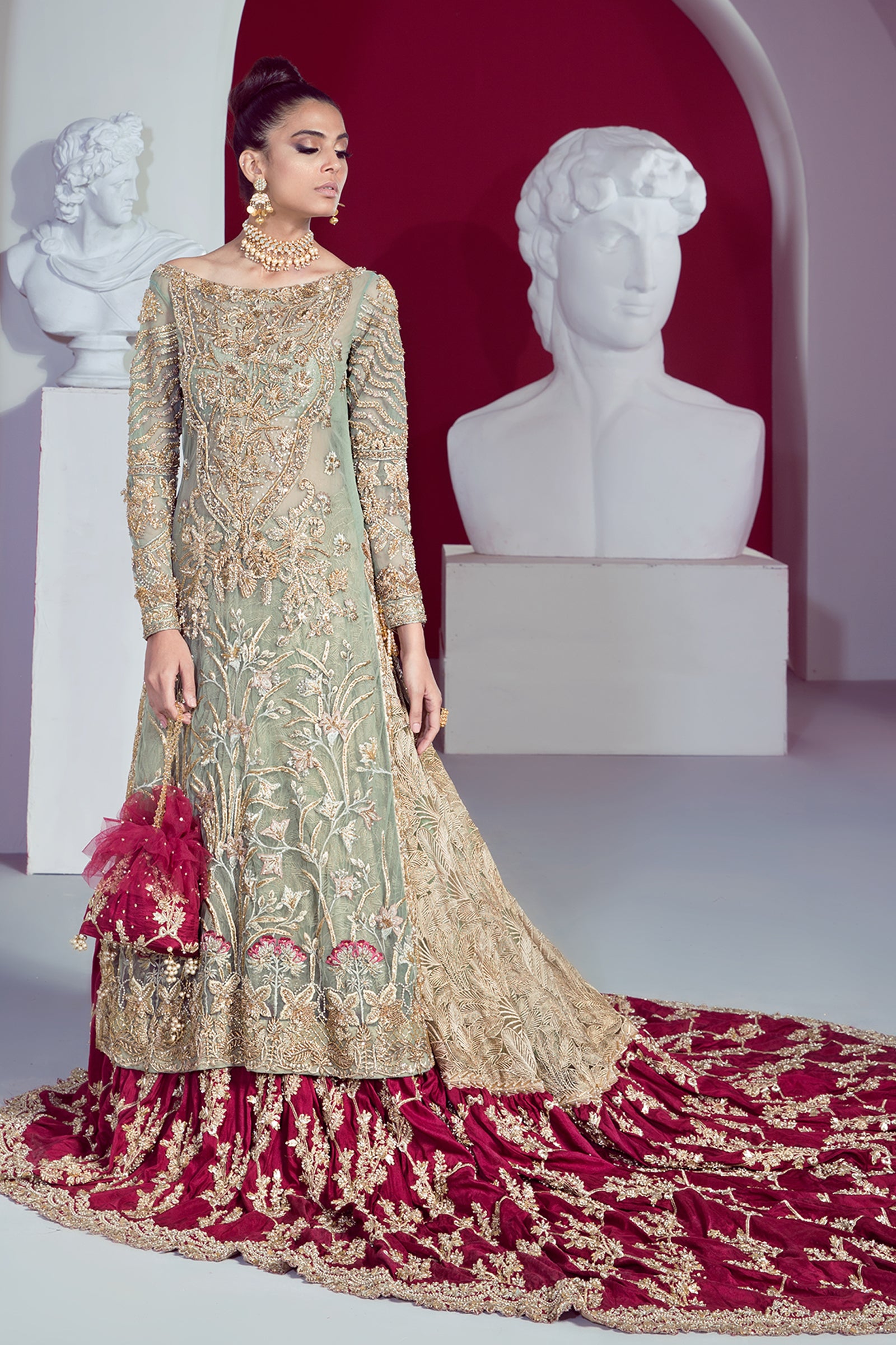 Pakistani Mint Embroidered Net Bridal Lehenga (3-Piece) - Image 3