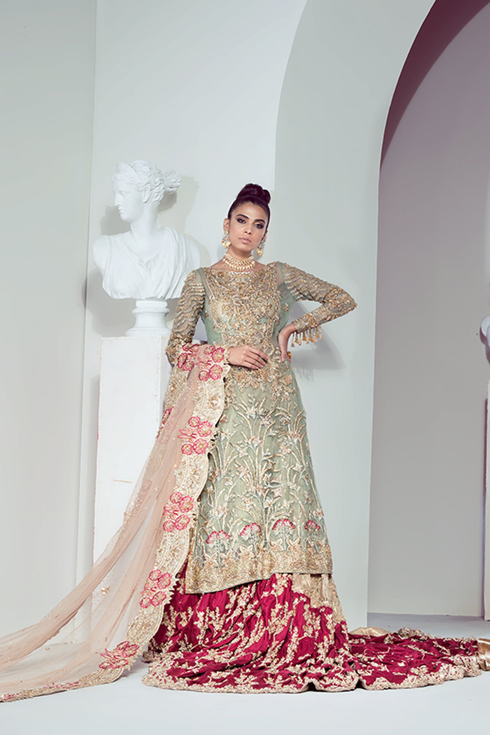 Pakistani Mint Embroidered Net Bridal Lehenga (3-Piece) - Image 4