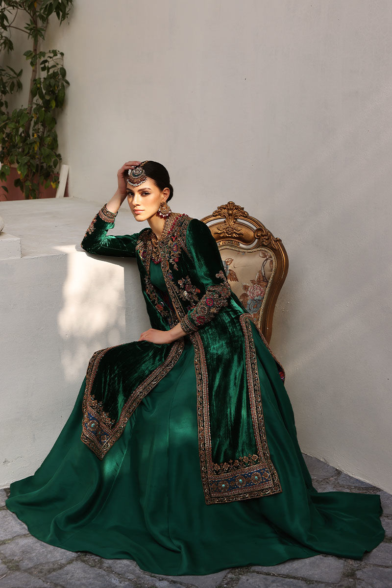 Pakistani Lush Green Embellished Velvet Jacket & Raw Silk Lehenga (2-Piece) - Image 2