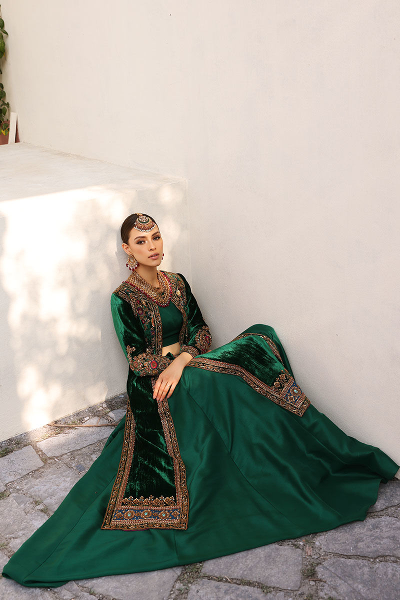 Pakistani Lush Green Embellished Velvet Jacket & Raw Silk Lehenga (2-Piece) - Image 3