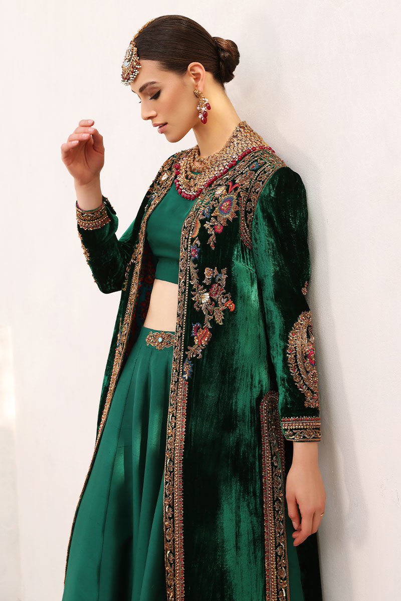 Pakistani Lush Green Embellished Velvet Jacket & Raw Silk Lehenga (2-Piece) - Image 5