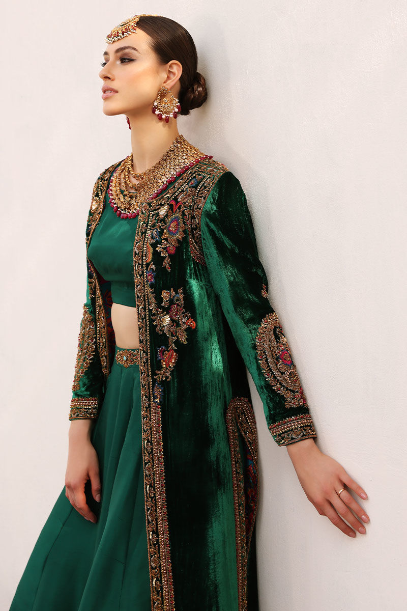 Pakistani Lush Green Embellished Velvet Jacket & Raw Silk Lehenga (2-Piece) - Image 6