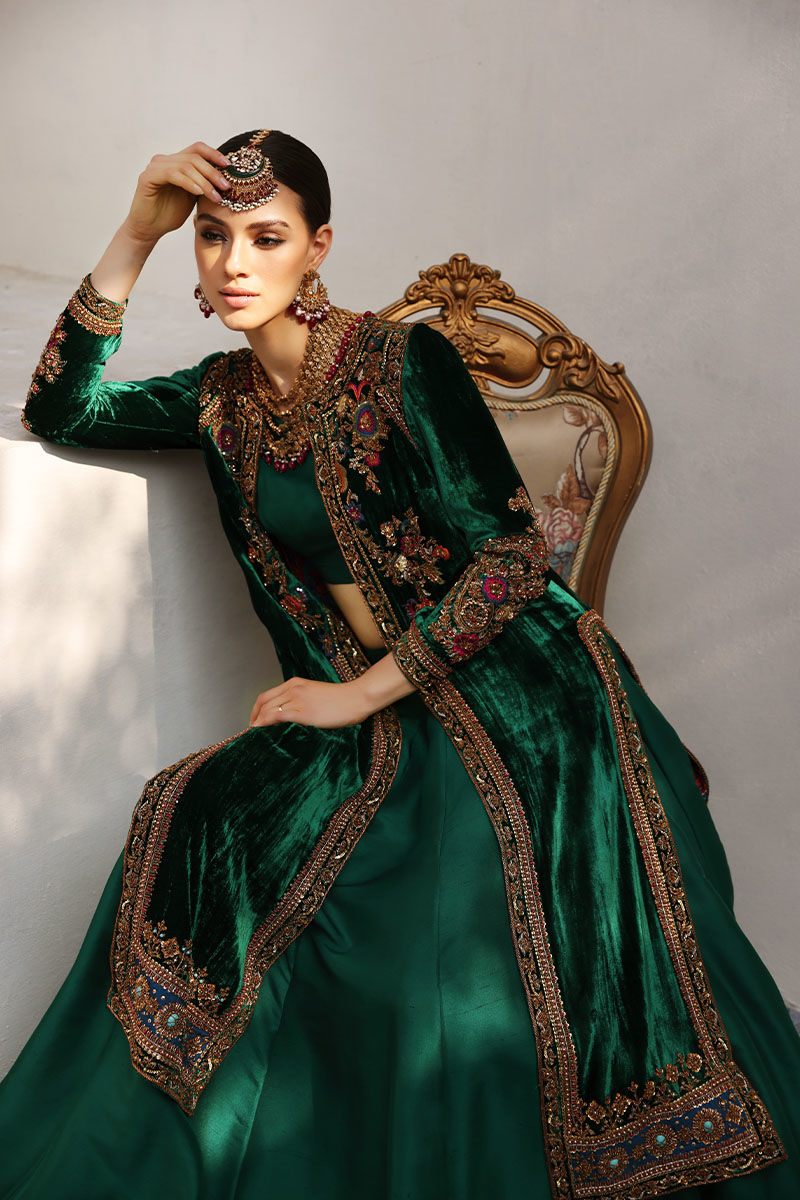 Pakistani Lush Green Embellished Velvet Jacket & Raw Silk Lehenga (2-Piece) - Image 7