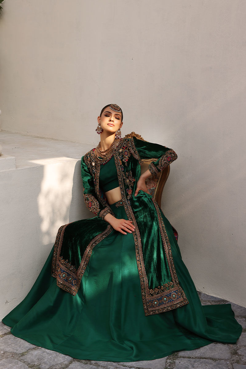 Pakistani Lush Green Embellished Velvet Jacket & Raw Silk Lehenga (2-Piece) - Image 8